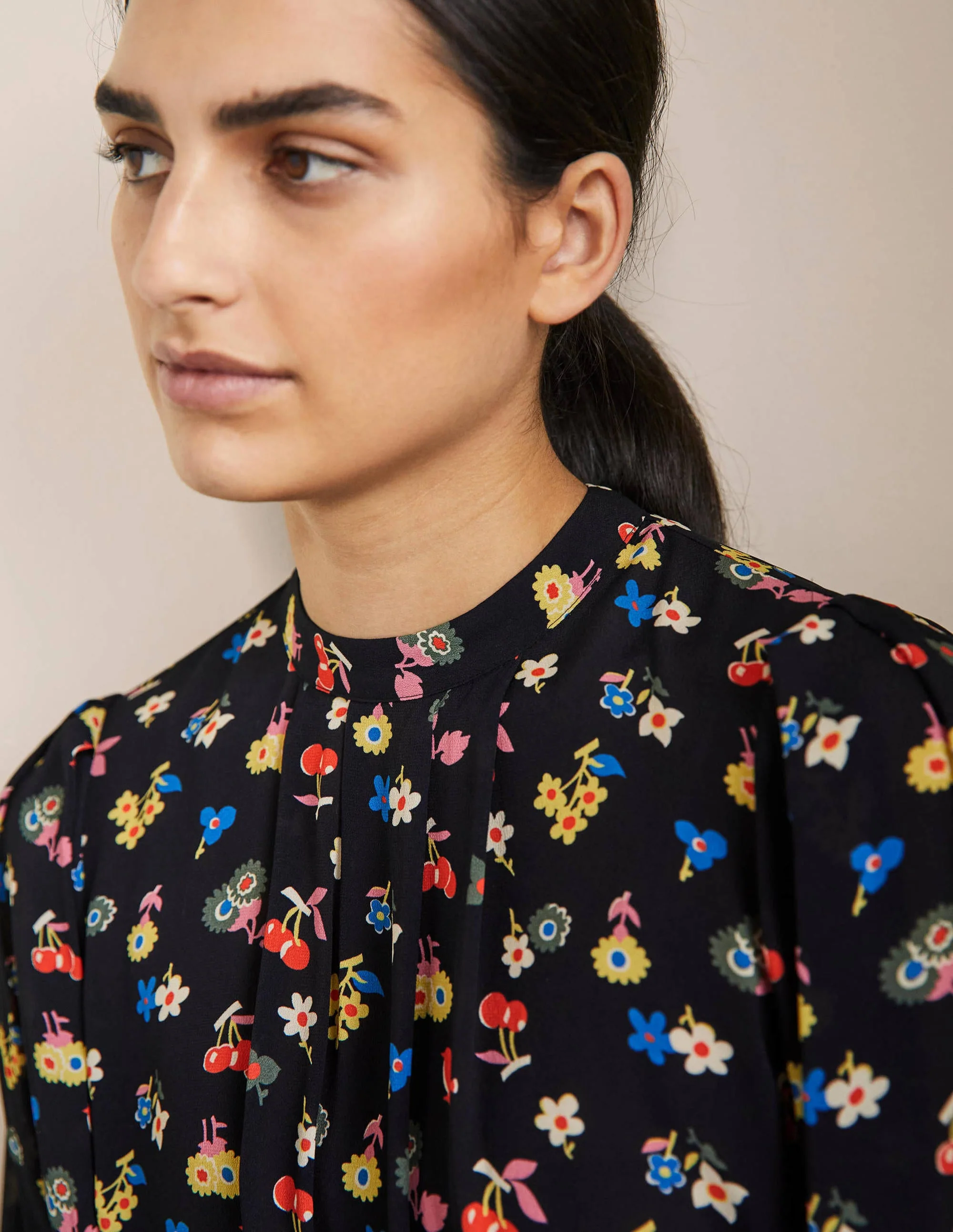 Deep Smocked Cuff Top-Black and Pale Lemon Woodland - Image 2