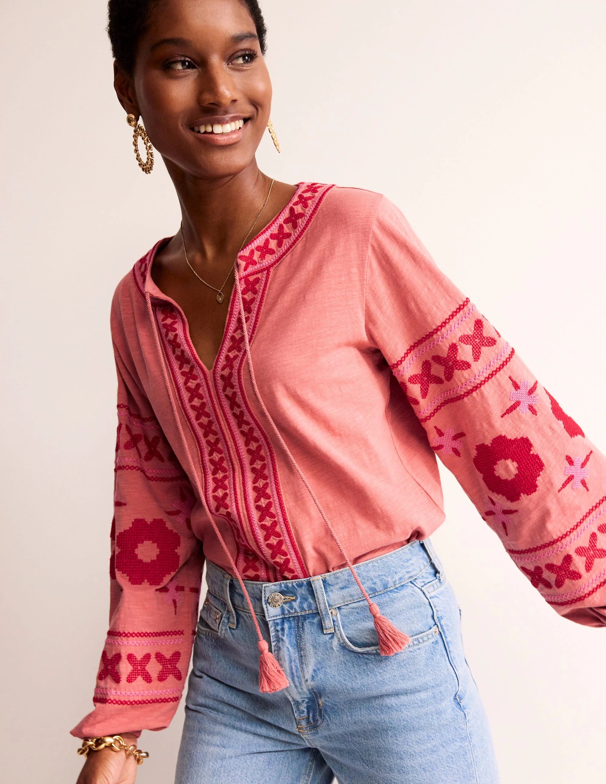 Diana Embroidered Tie Neck Top-Brick Dust