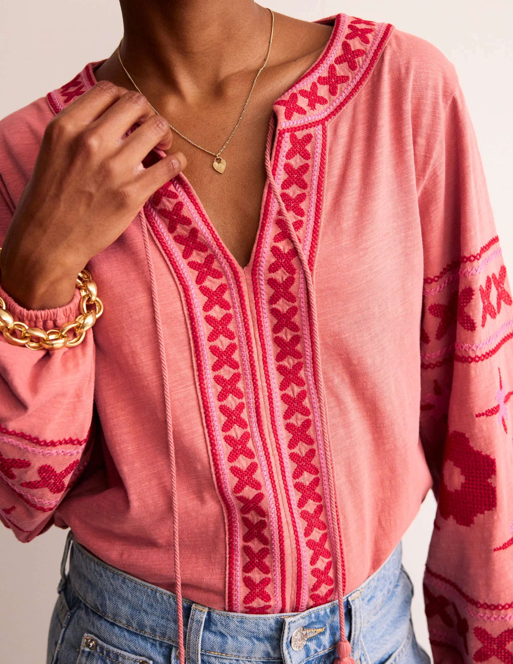 Diana Embroidered Tie Neck Top-Brick Dust - Image 2