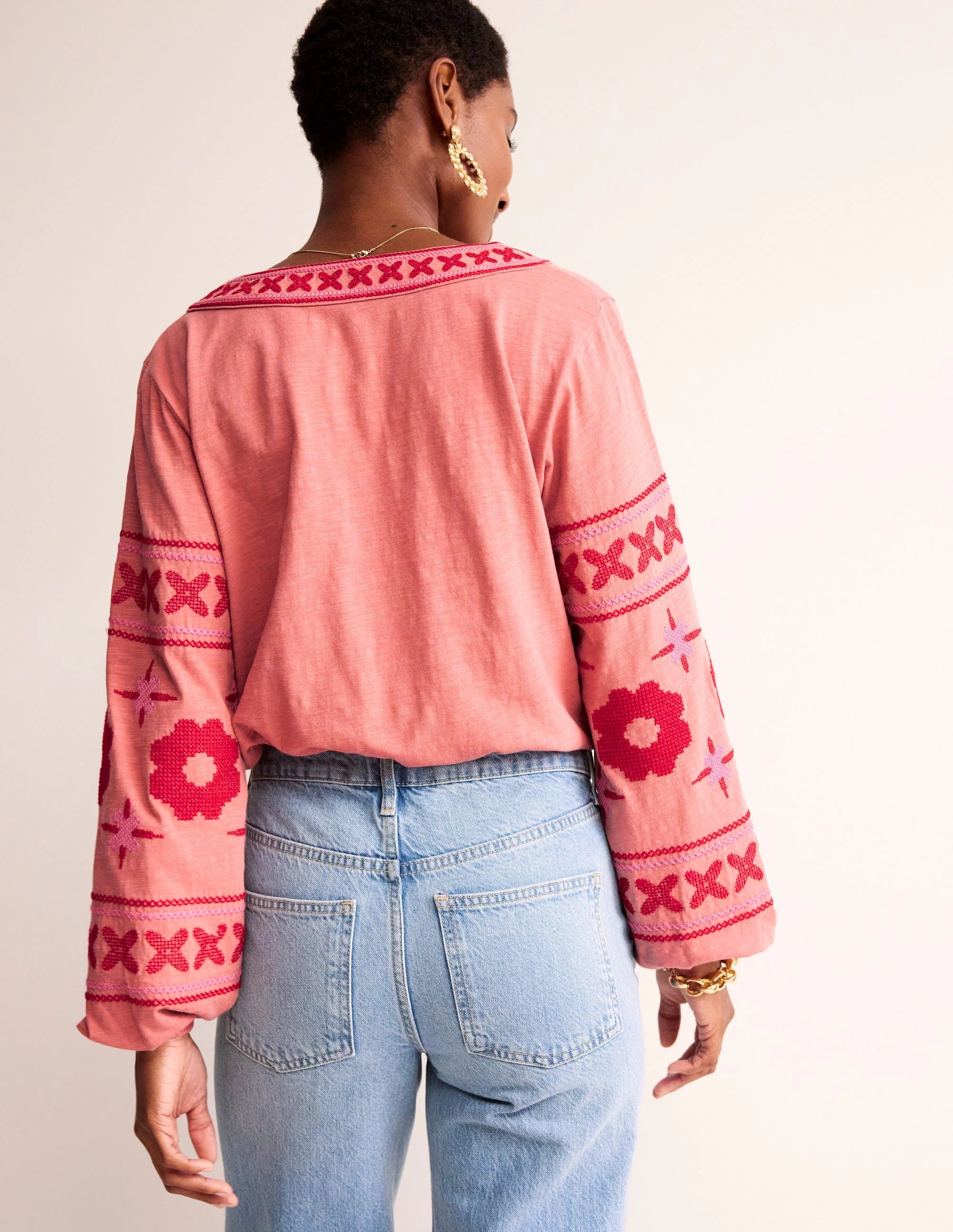 Diana Embroidered Tie Neck Top-Brick Dust - Image 3