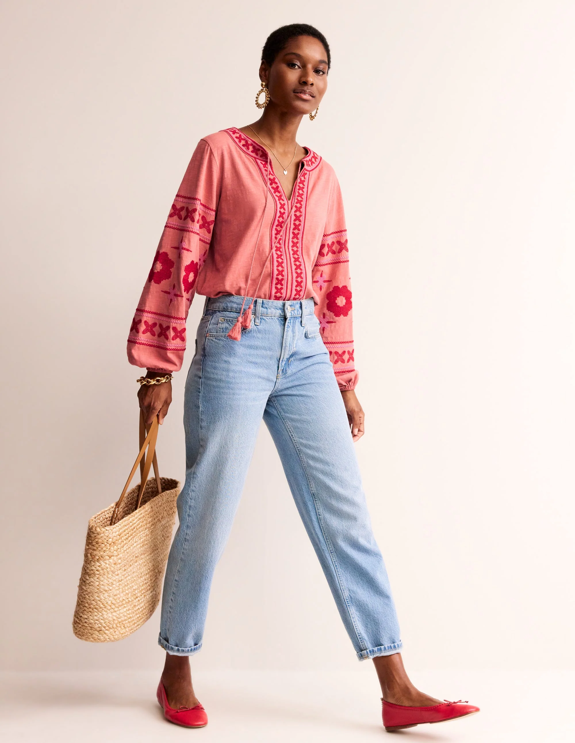 Diana Embroidered Tie Neck Top-Brick Dust - Image 4