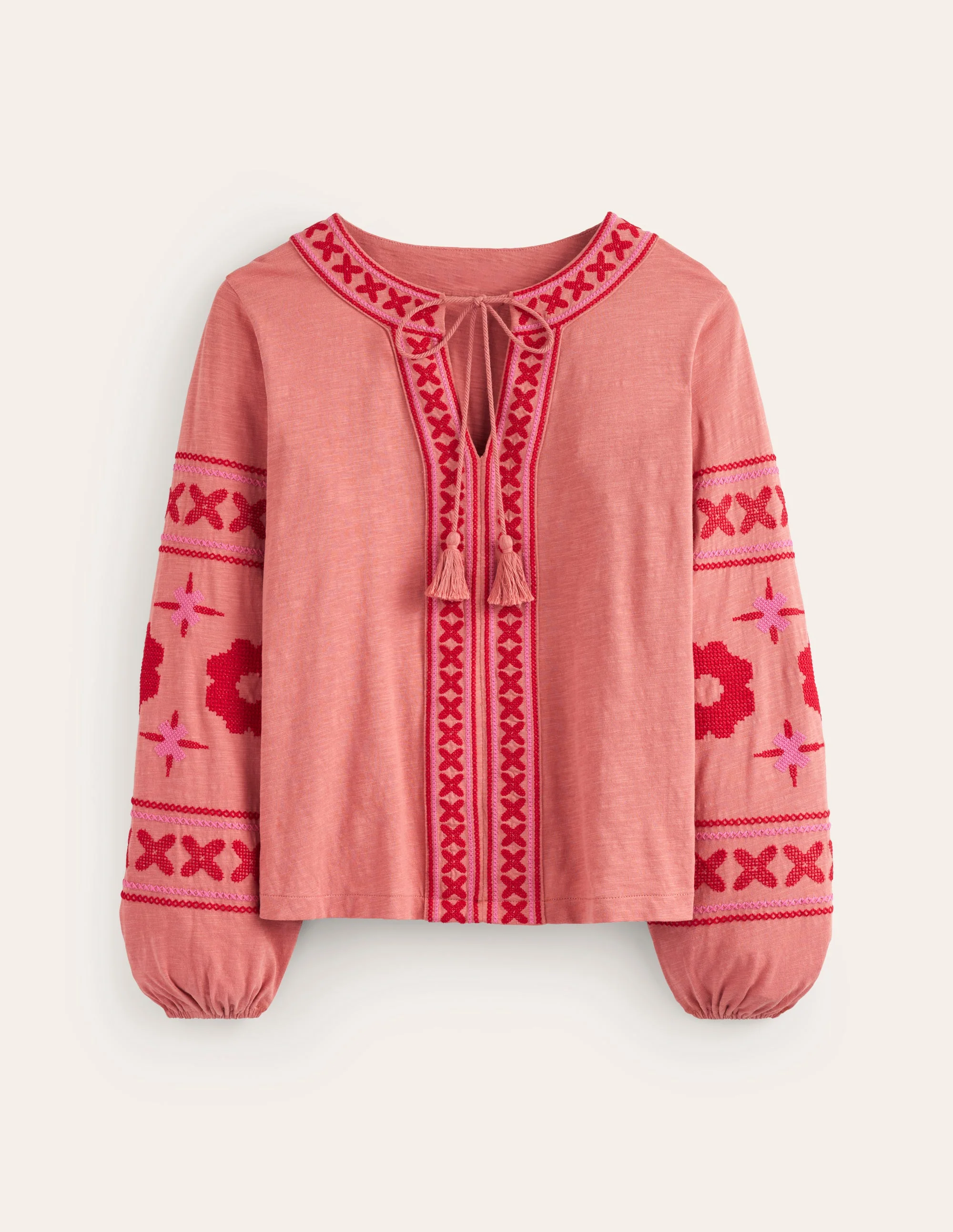 Diana Embroidered Tie Neck Top-Brick Dust - Image 5