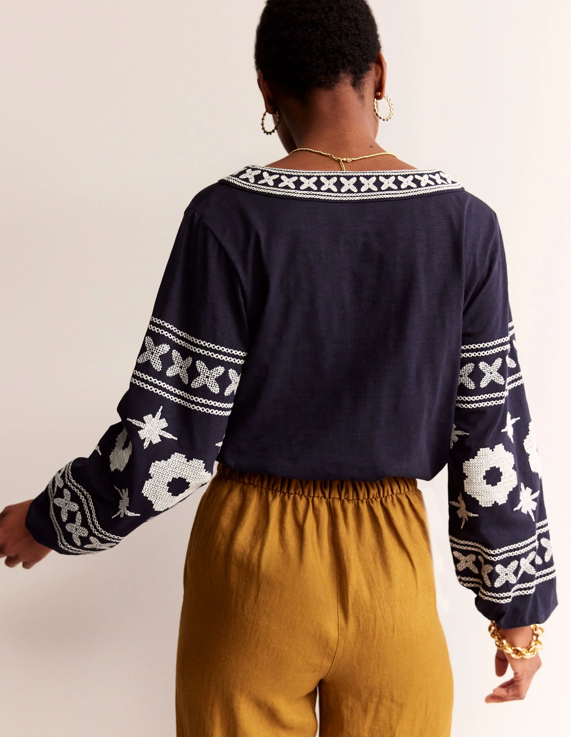 Diana Embroidered Tie Neck Top-Navy - Image 3
