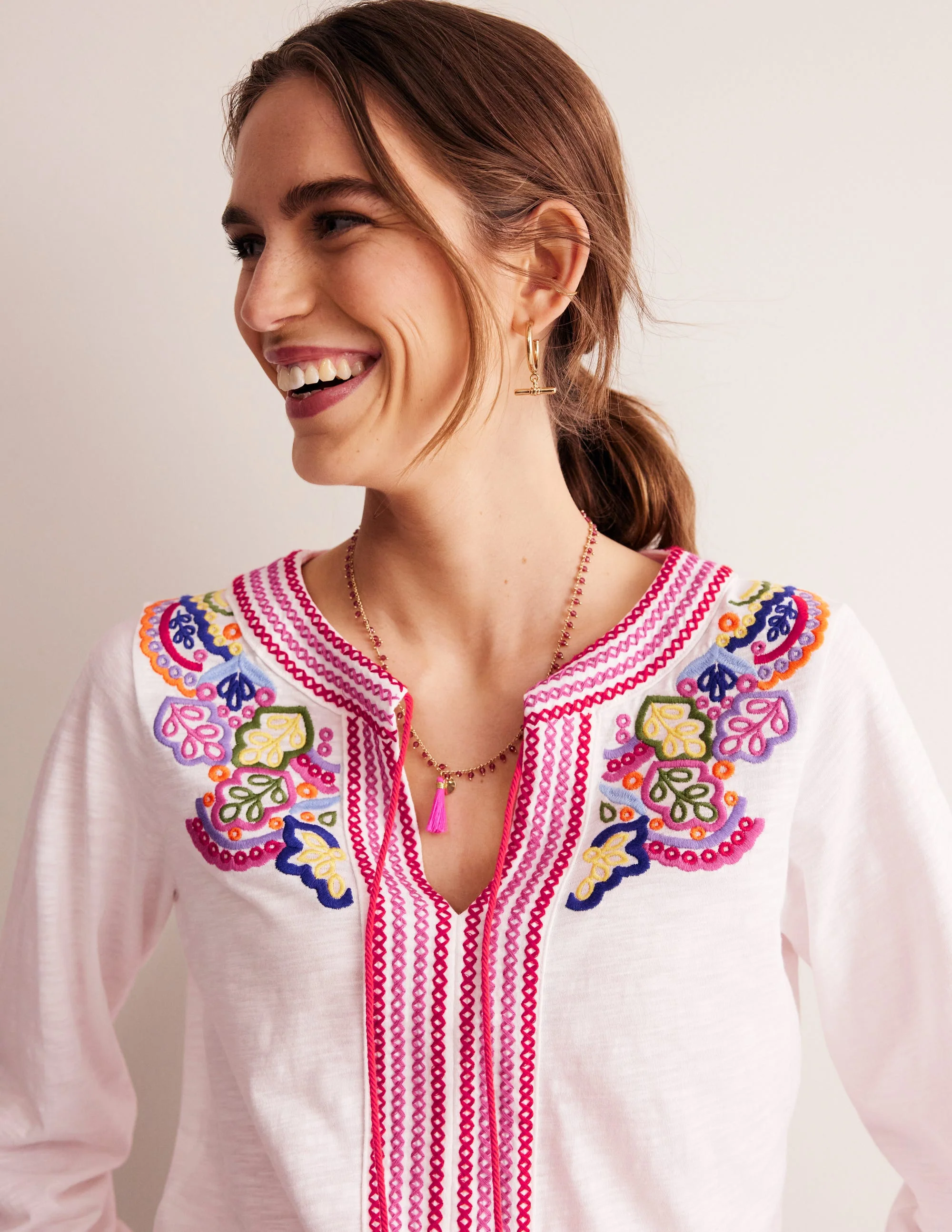 Diana Embroidered Tie Neck Top-White Embroidery