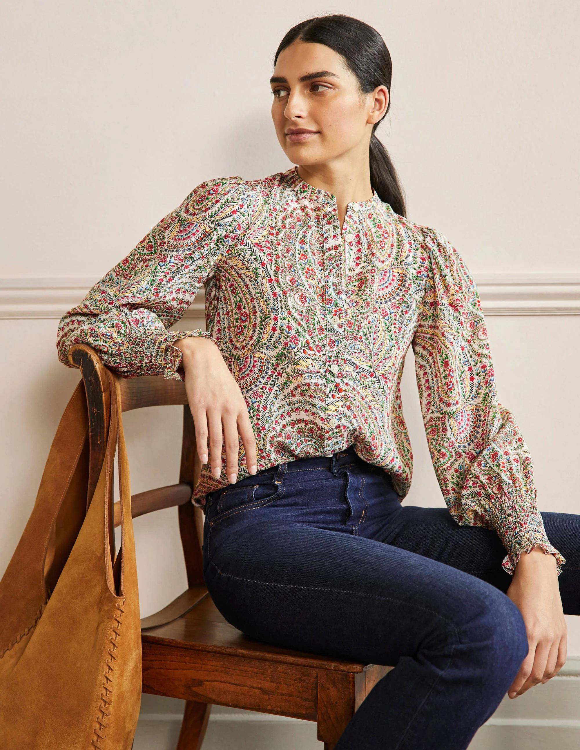 Dominique Silk Shirt-Ivory, Floral Paisley - Image 4