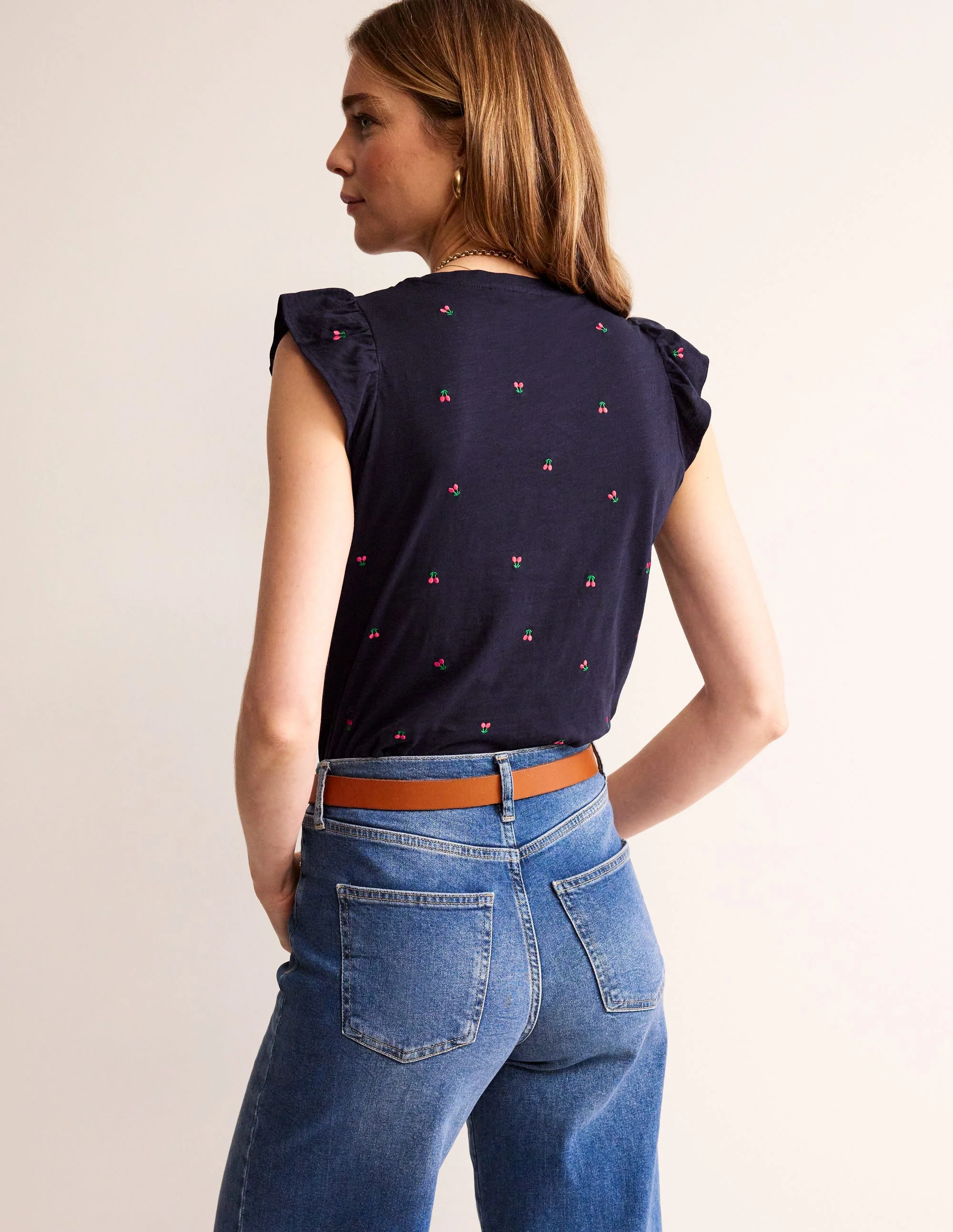 Dora Flutter Sleeve Top-Navy, Cherries - Image 3