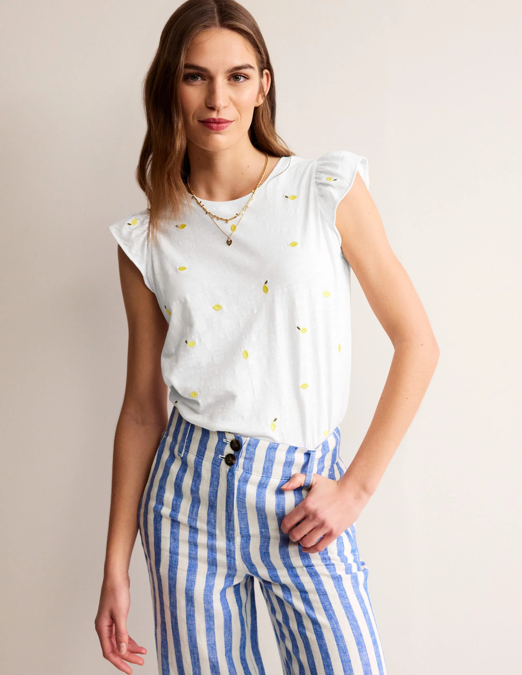 Dora Flutter Sleeve Top-White, Lemons
