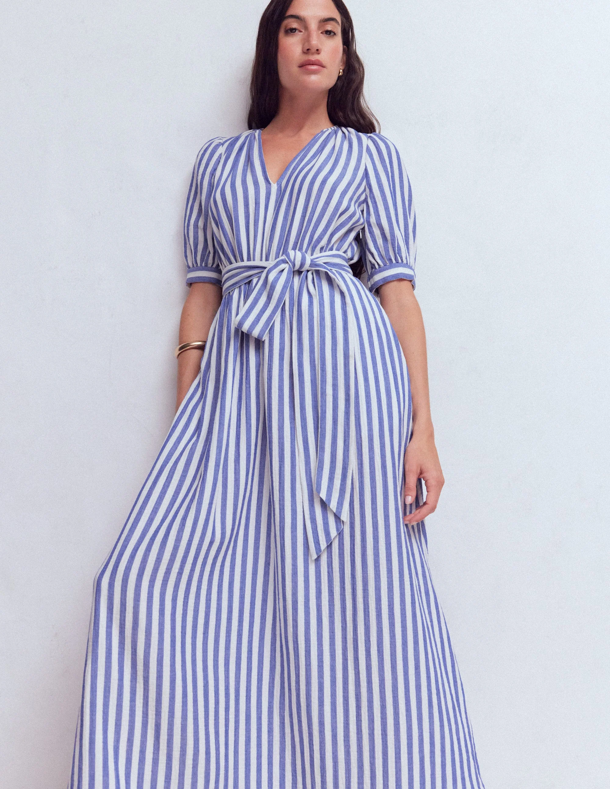 Double Cloth Puff Sleeve Dress-Blue Ivory Stripe