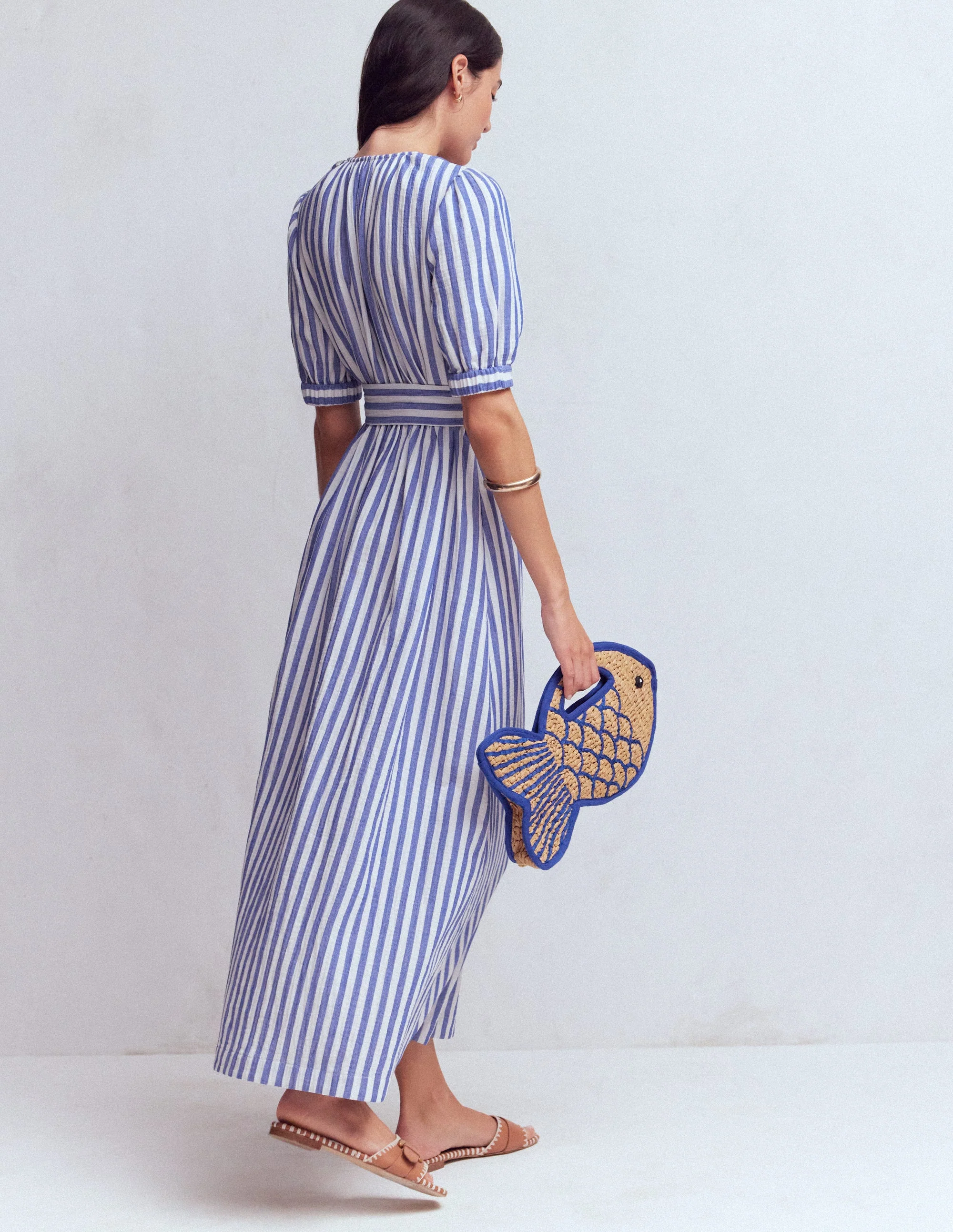 Double Cloth Puff Sleeve Dress-Blue Ivory Stripe - Image 4