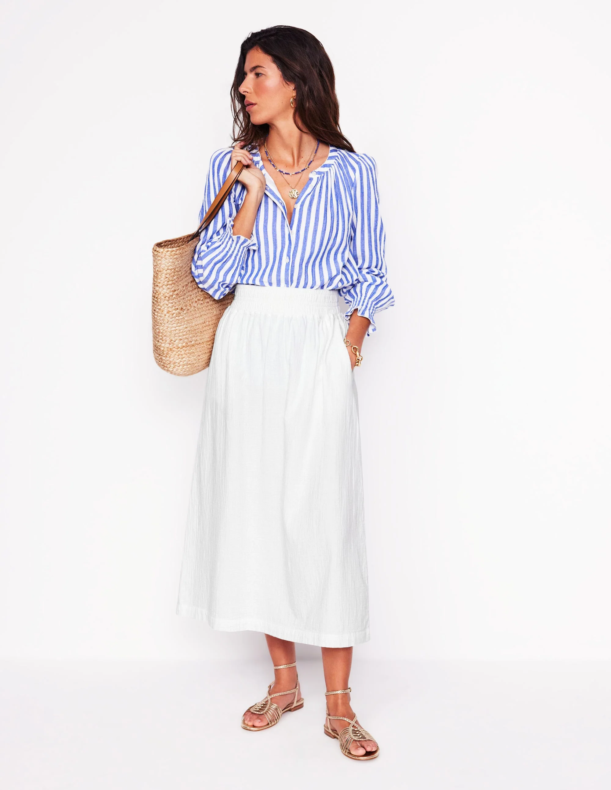 Double Cloth Smocked Skirt-White
