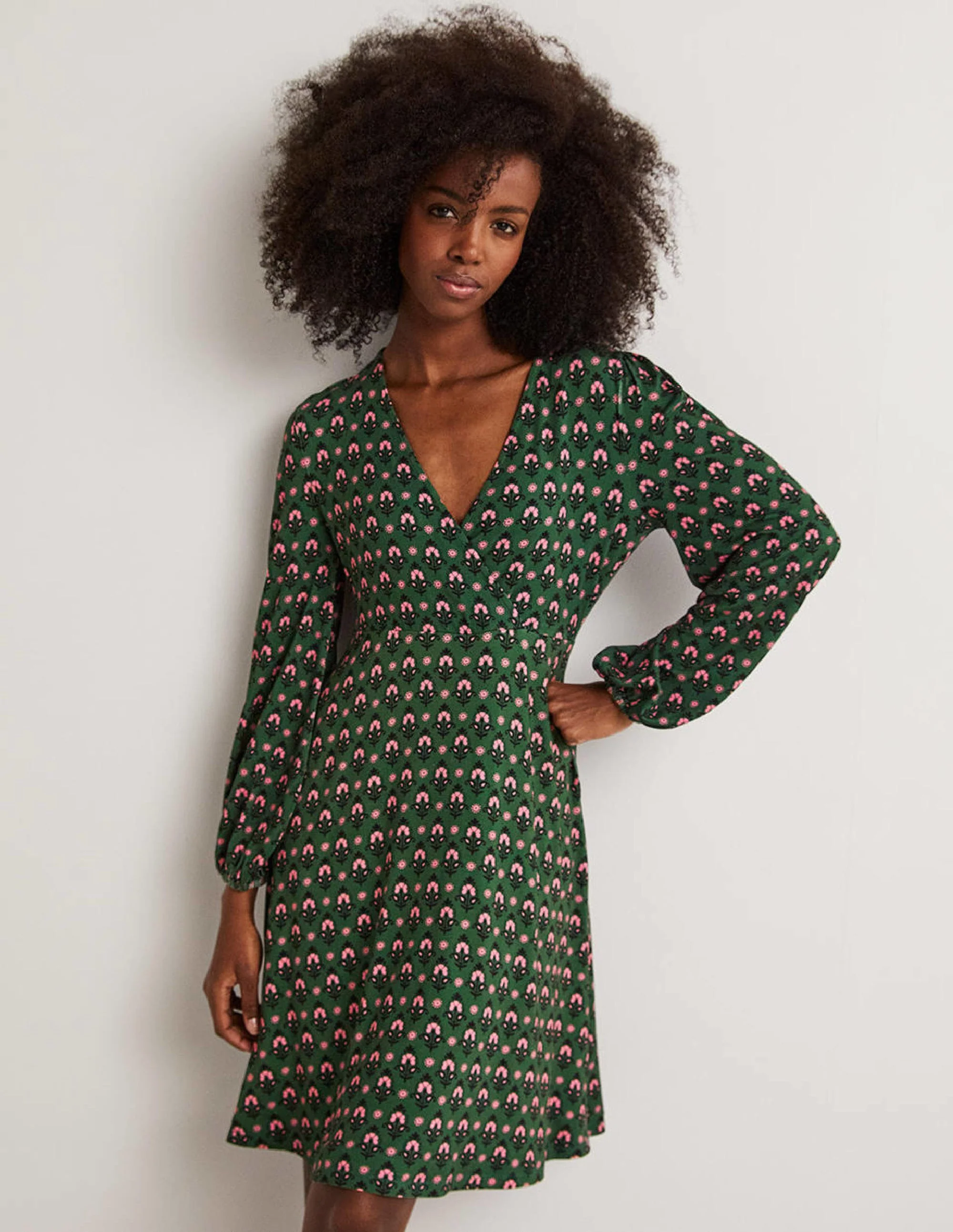 Easy Fixed Wrap Jersey Dress-Hunter Green, Tapestry Bud