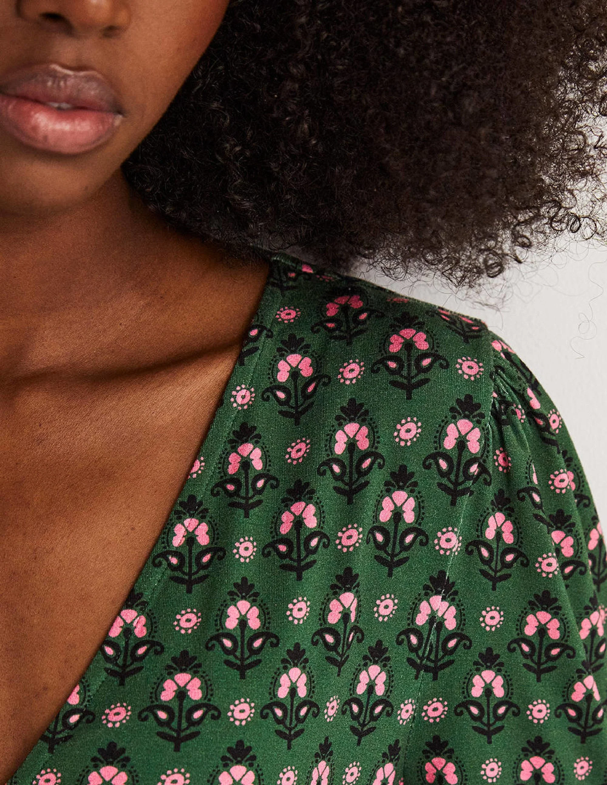 Easy Fixed Wrap Jersey Dress-Hunter Green, Tapestry Bud - Image 2