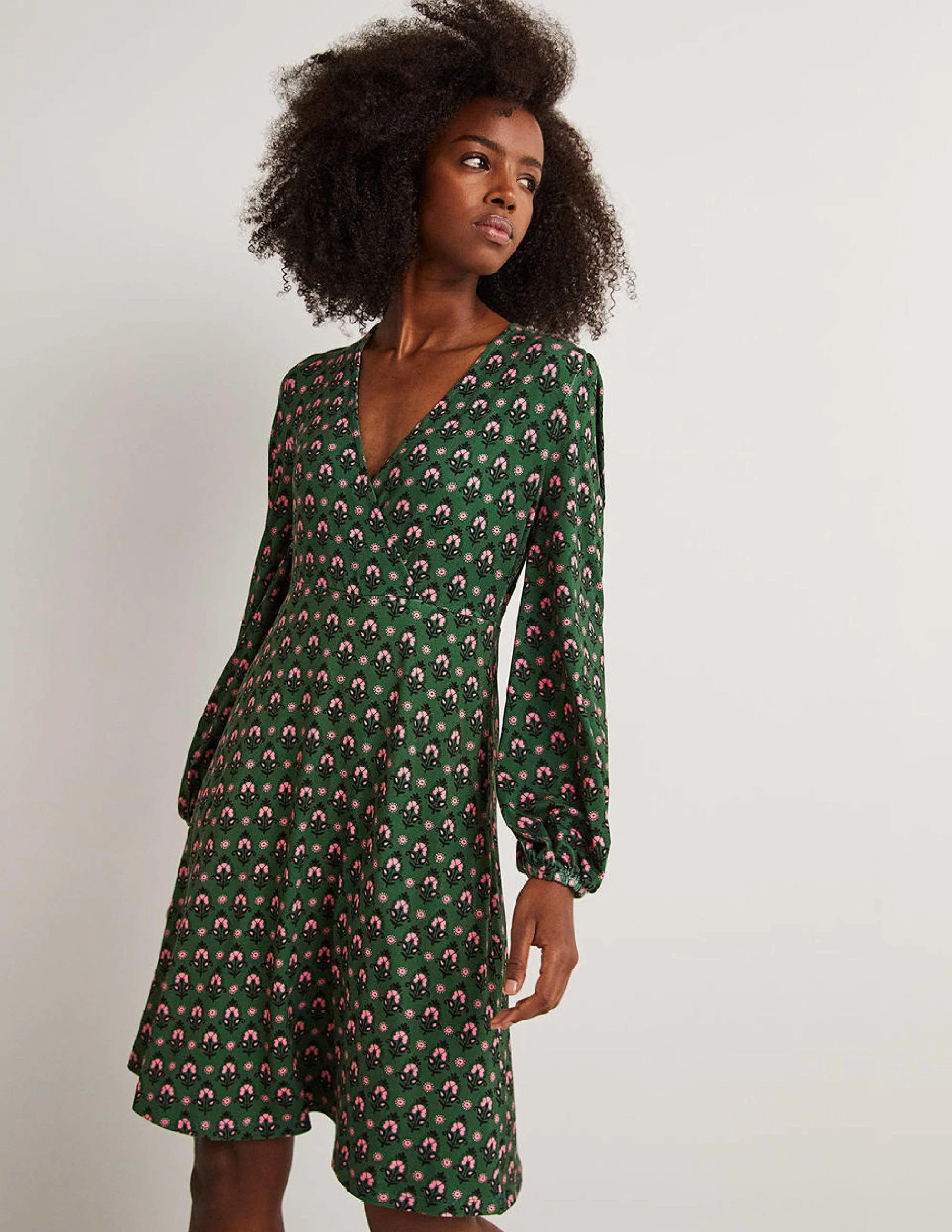 Easy Fixed Wrap Jersey Dress-Hunter Green, Tapestry Bud - Image 4