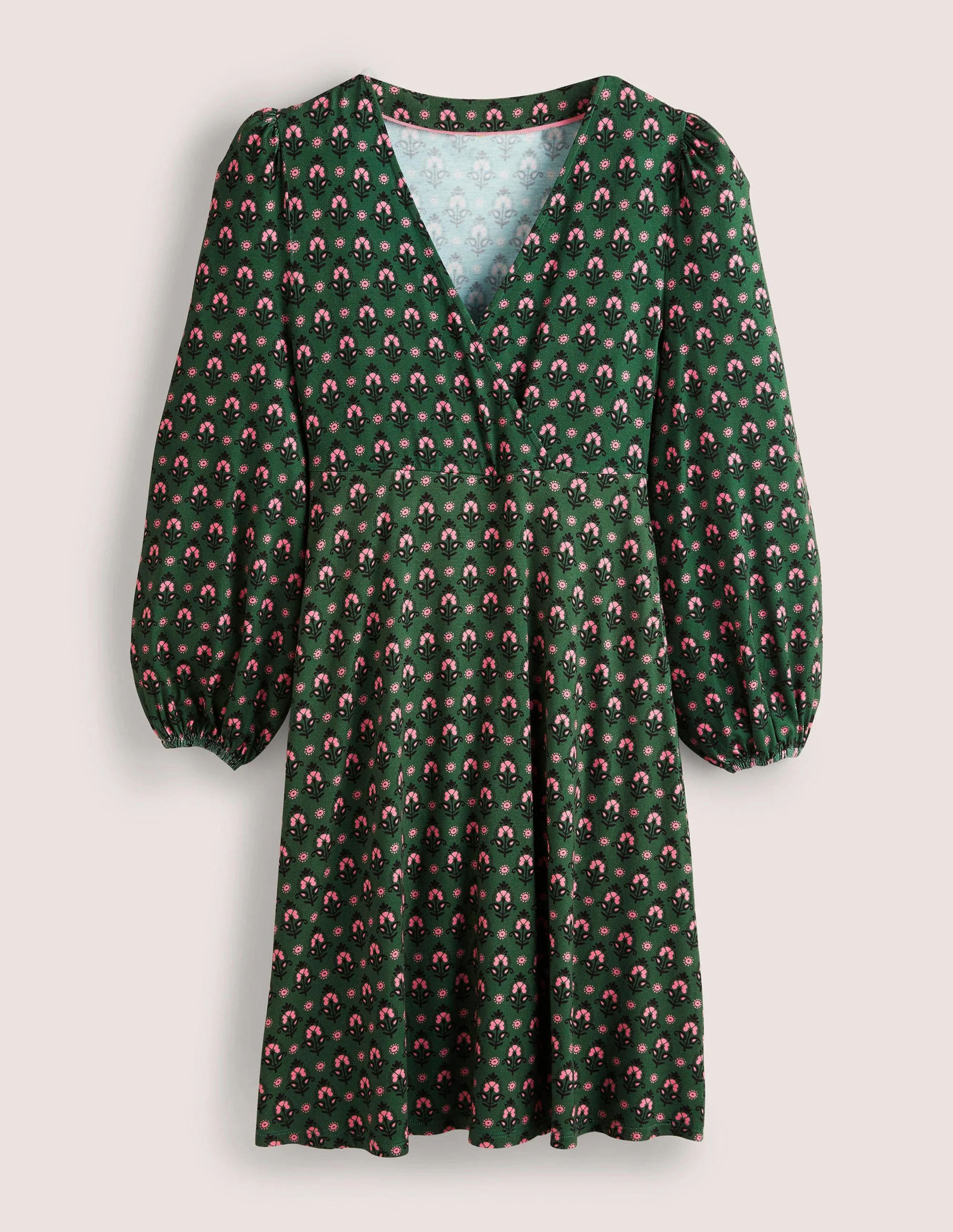 Easy Fixed Wrap Jersey Dress-Hunter Green, Tapestry Bud - Image 5