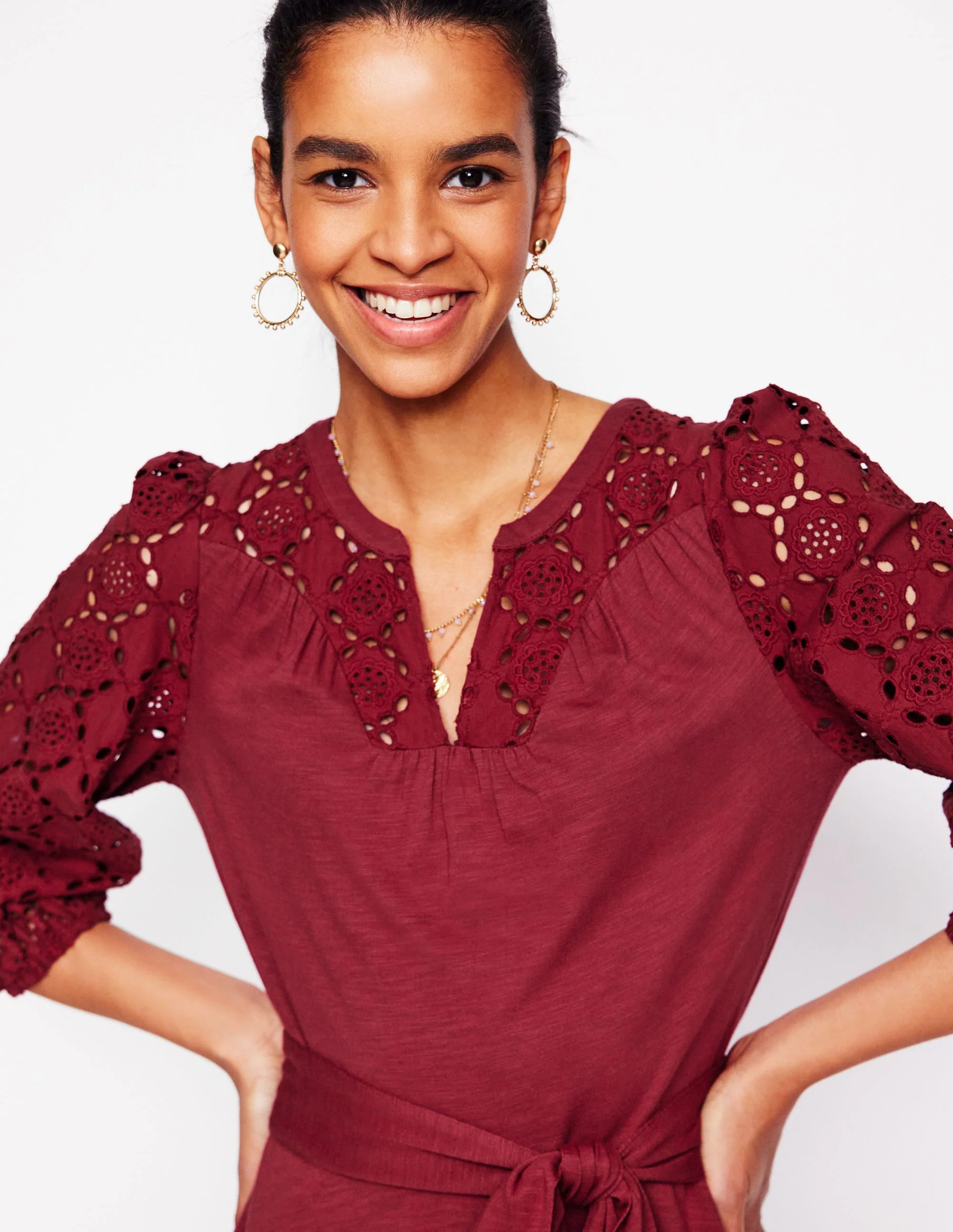 Eden Broderie Jersey Dress-Garnet Red - Image 3