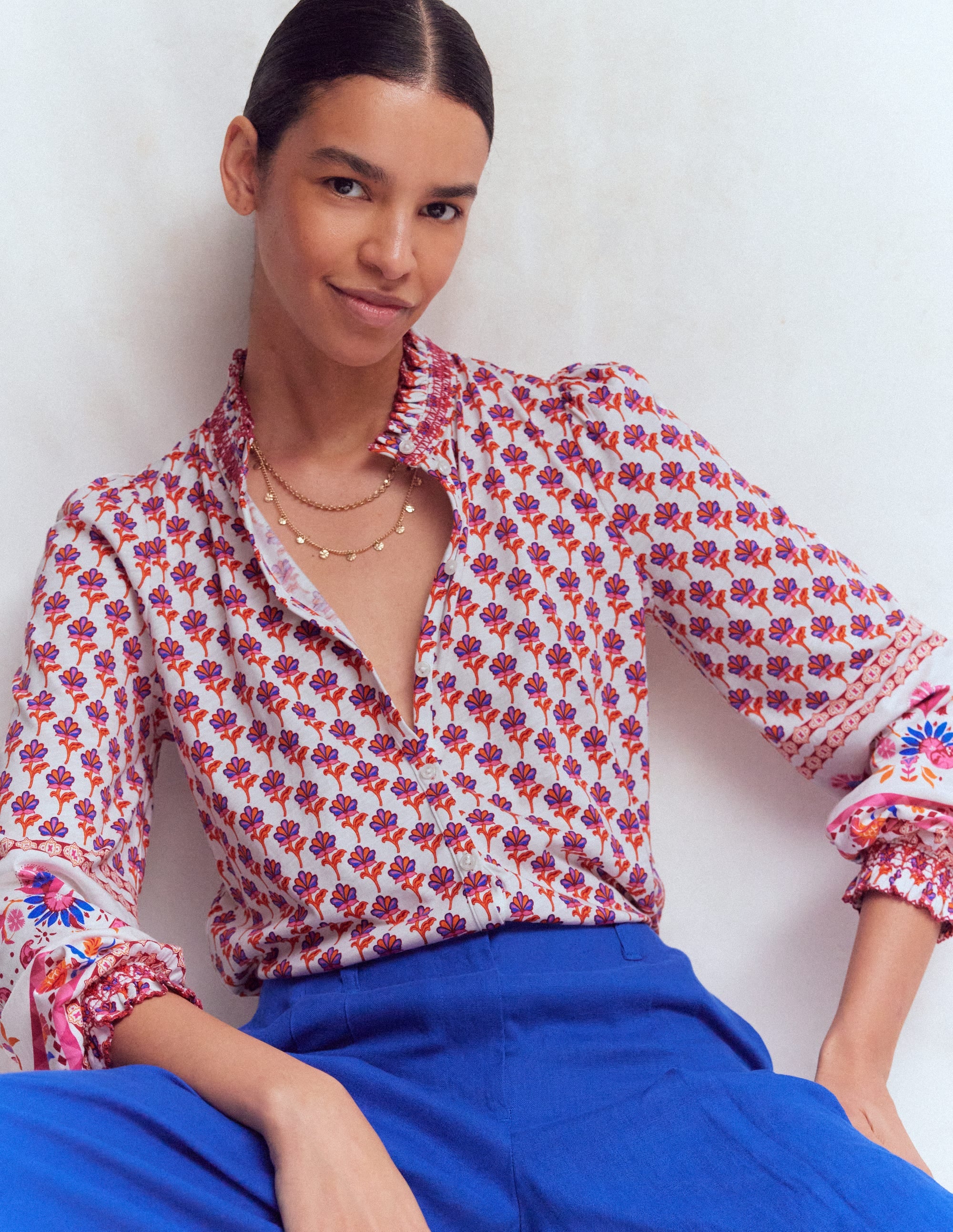 Effie Smocked Detail Shirt-Multi, Meadow Stamp Placement - Image 5