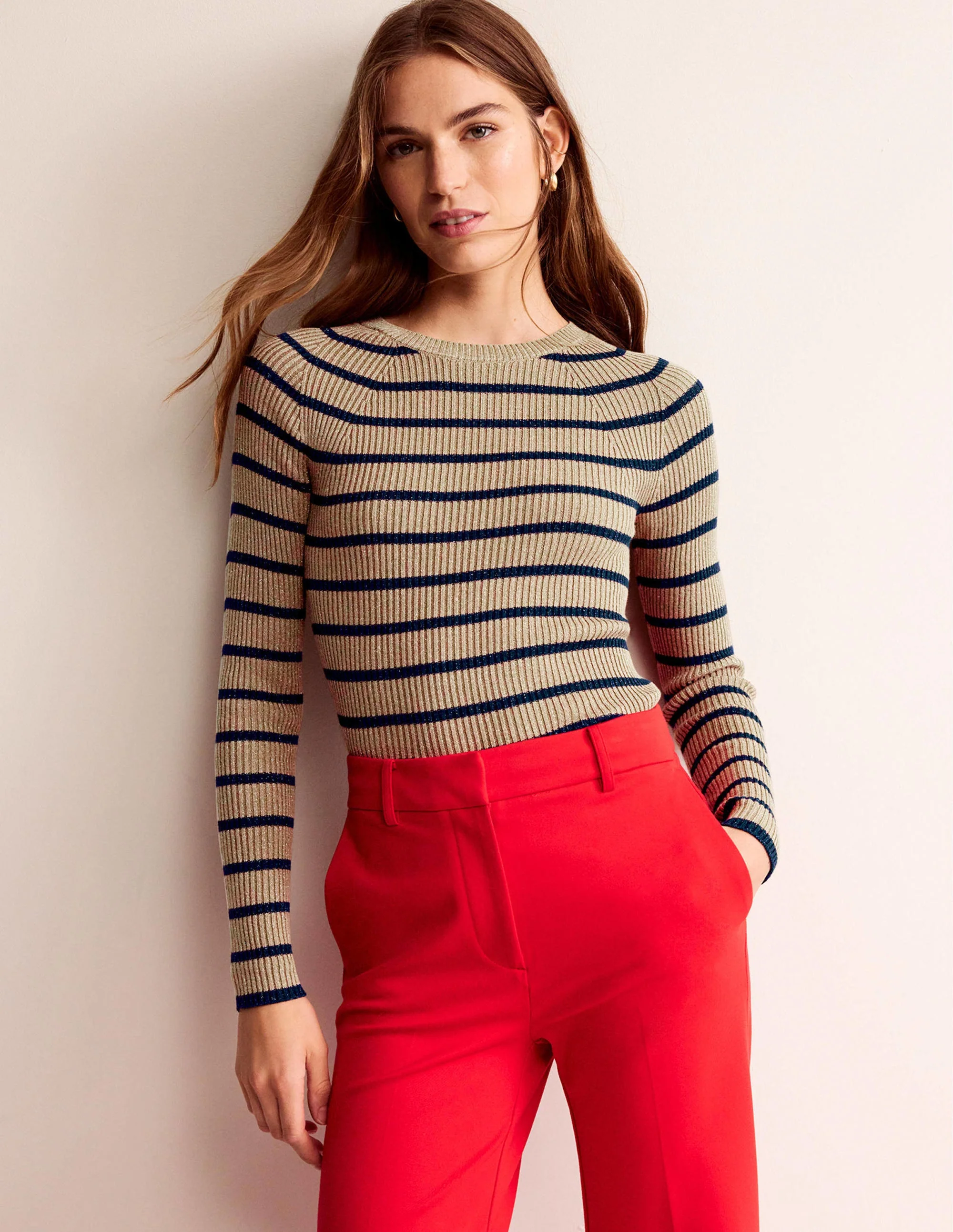Effie Sparkle Stripe Sweater-Camel and Navy Stripe