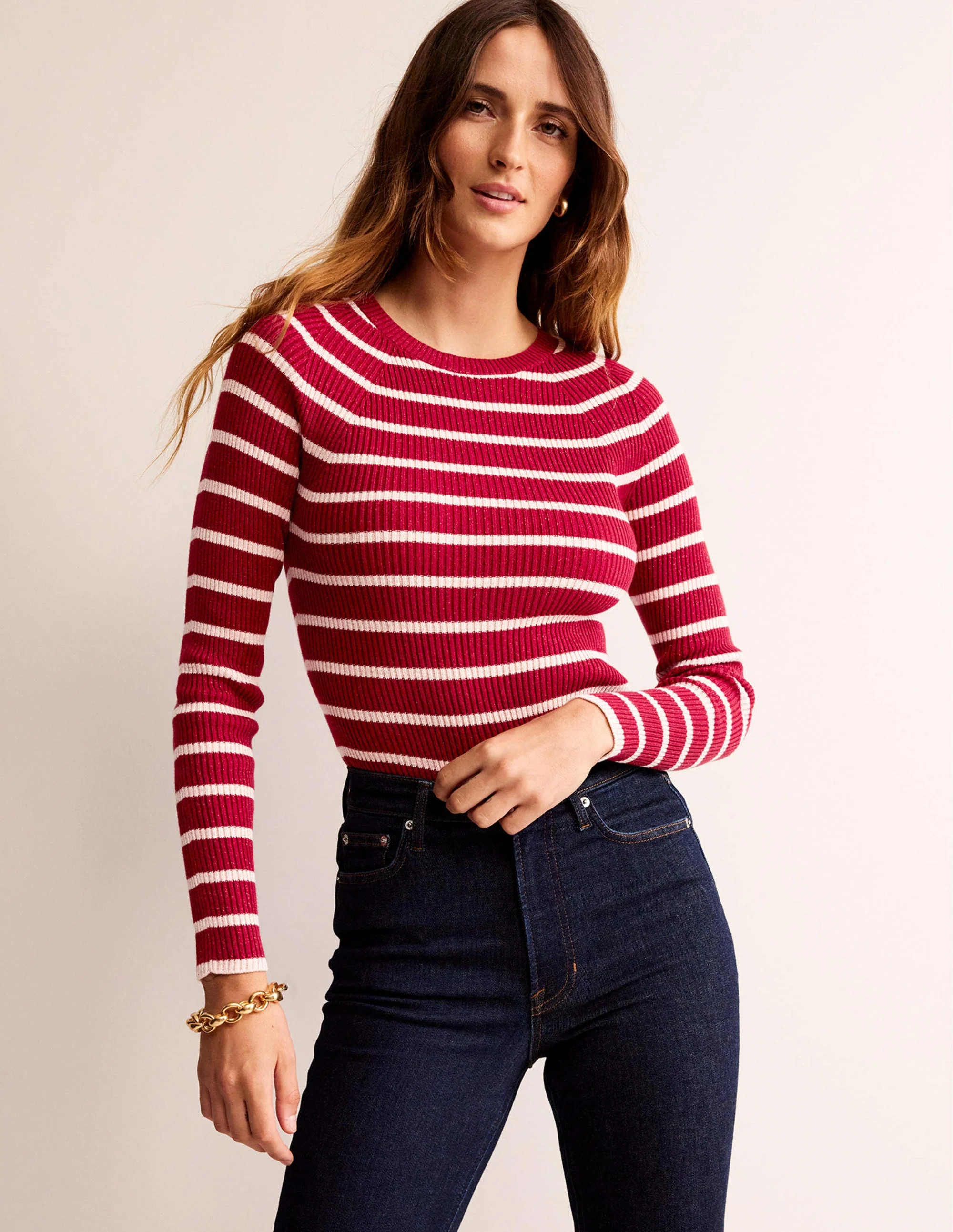 Effie Sparkle Stripe Sweater-Red, Chalky Pink Stripe