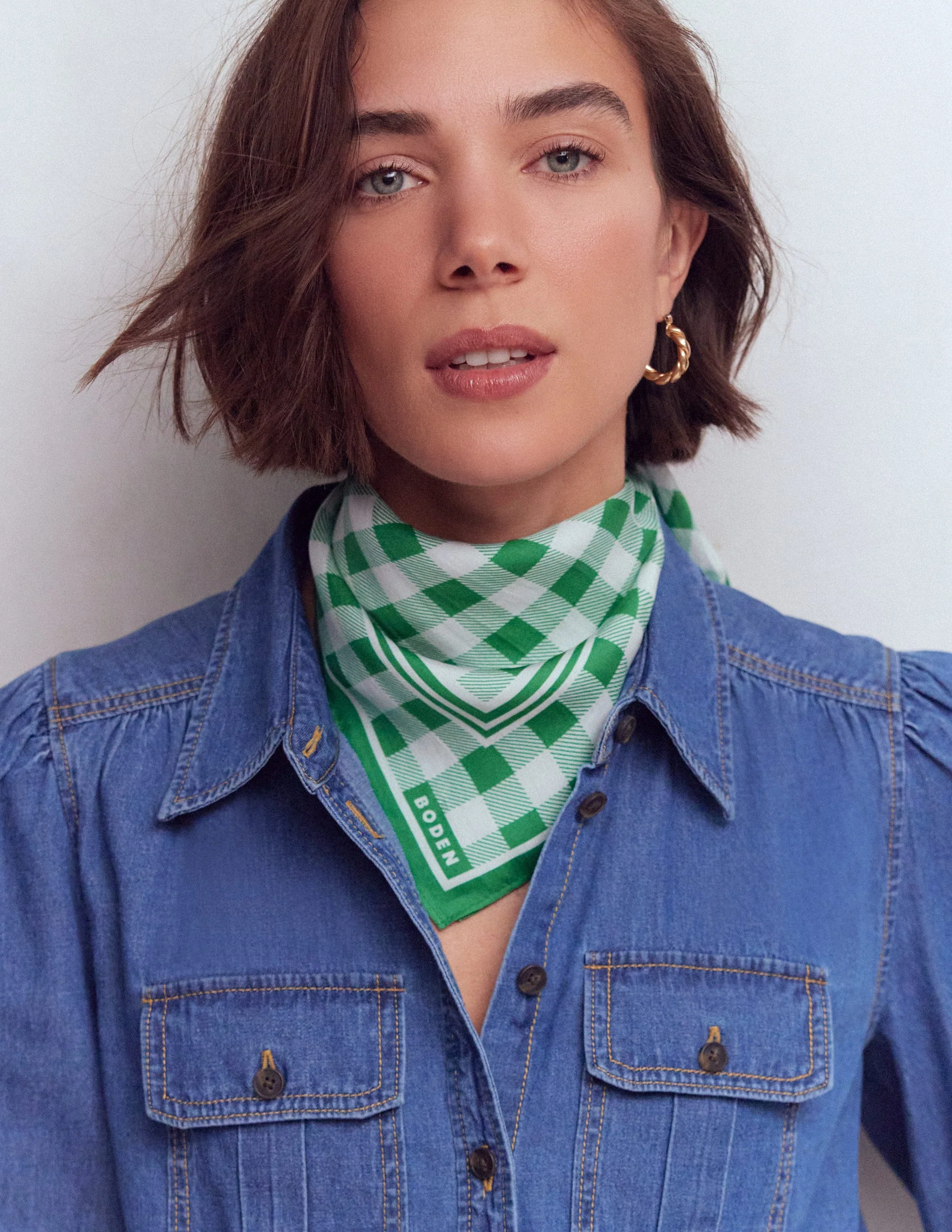 Elisabeth Silk Square Scarf-Green Gingham - Image 2