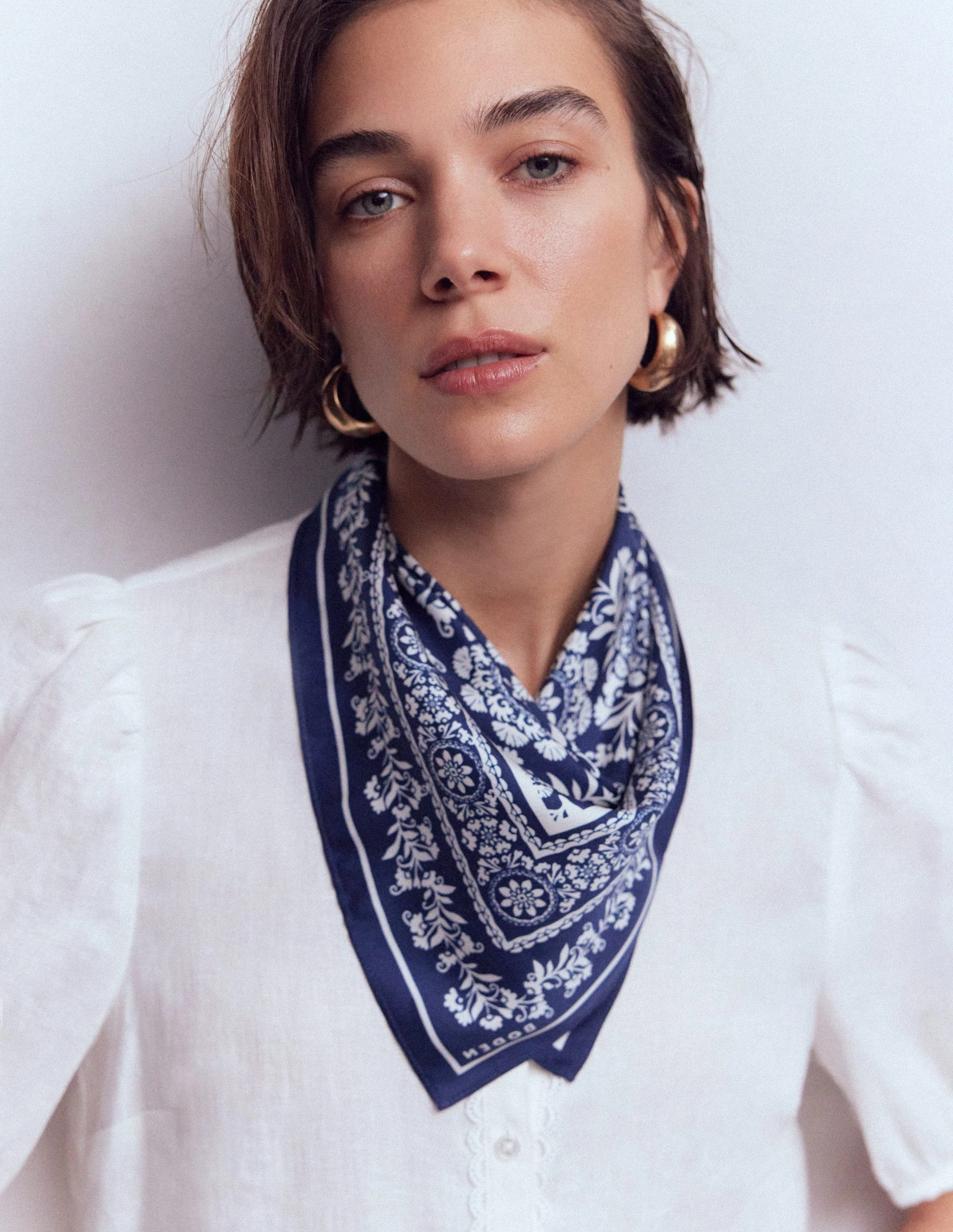 Elisabeth Silk Square Scarf-Navy Decorative Blossom - Image 4