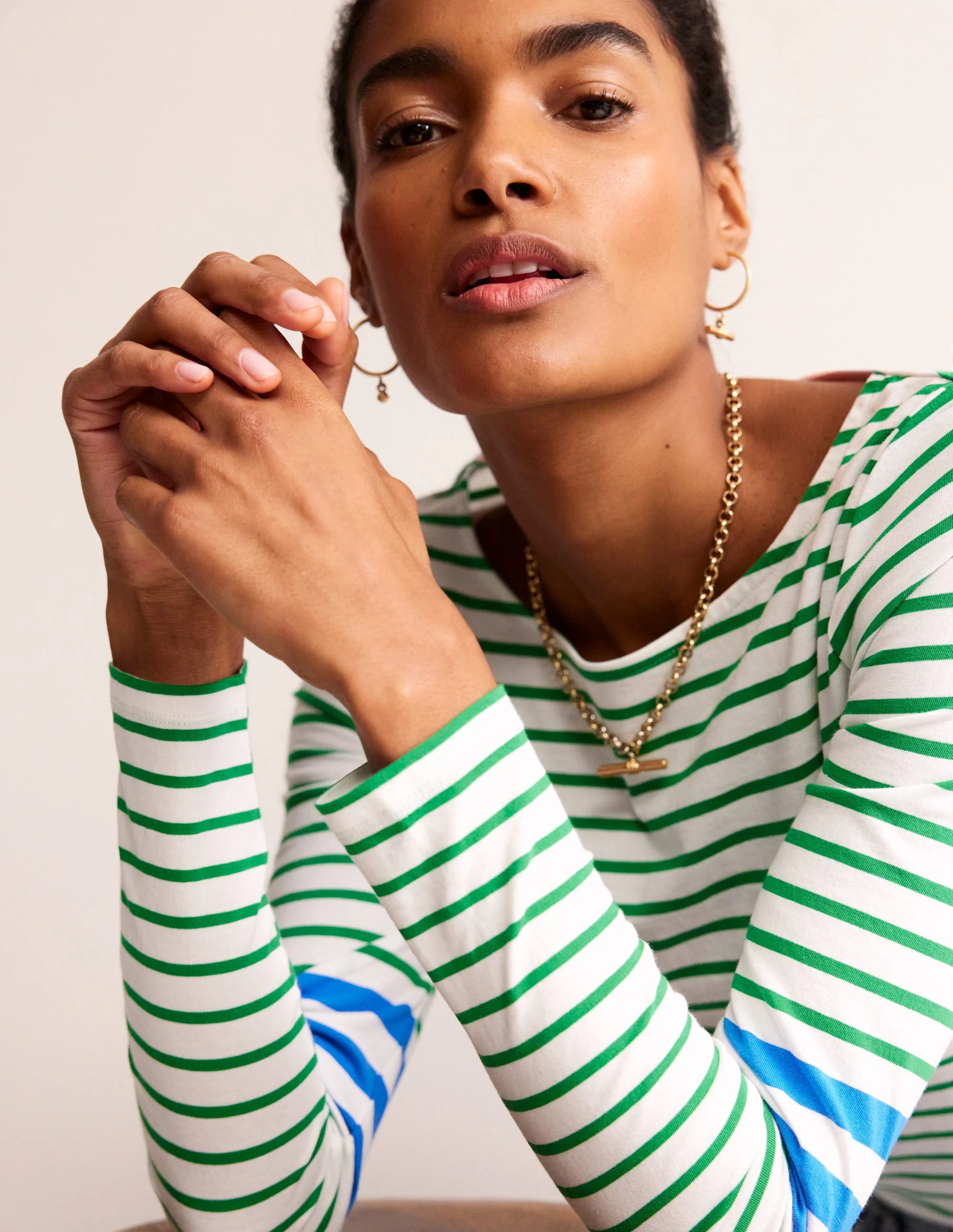 Ella Long Sleeve Breton-Green, Blue Stripe