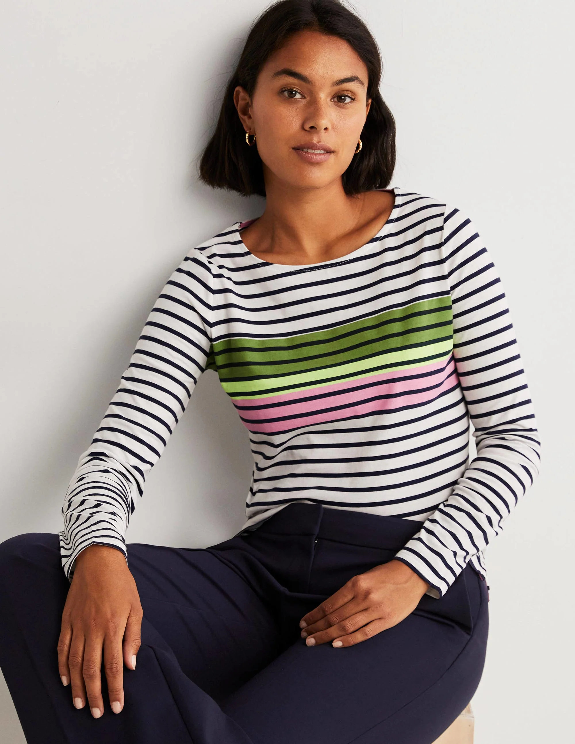 Ella Long Sleeve Breton-Green/Prink Placement Stripe