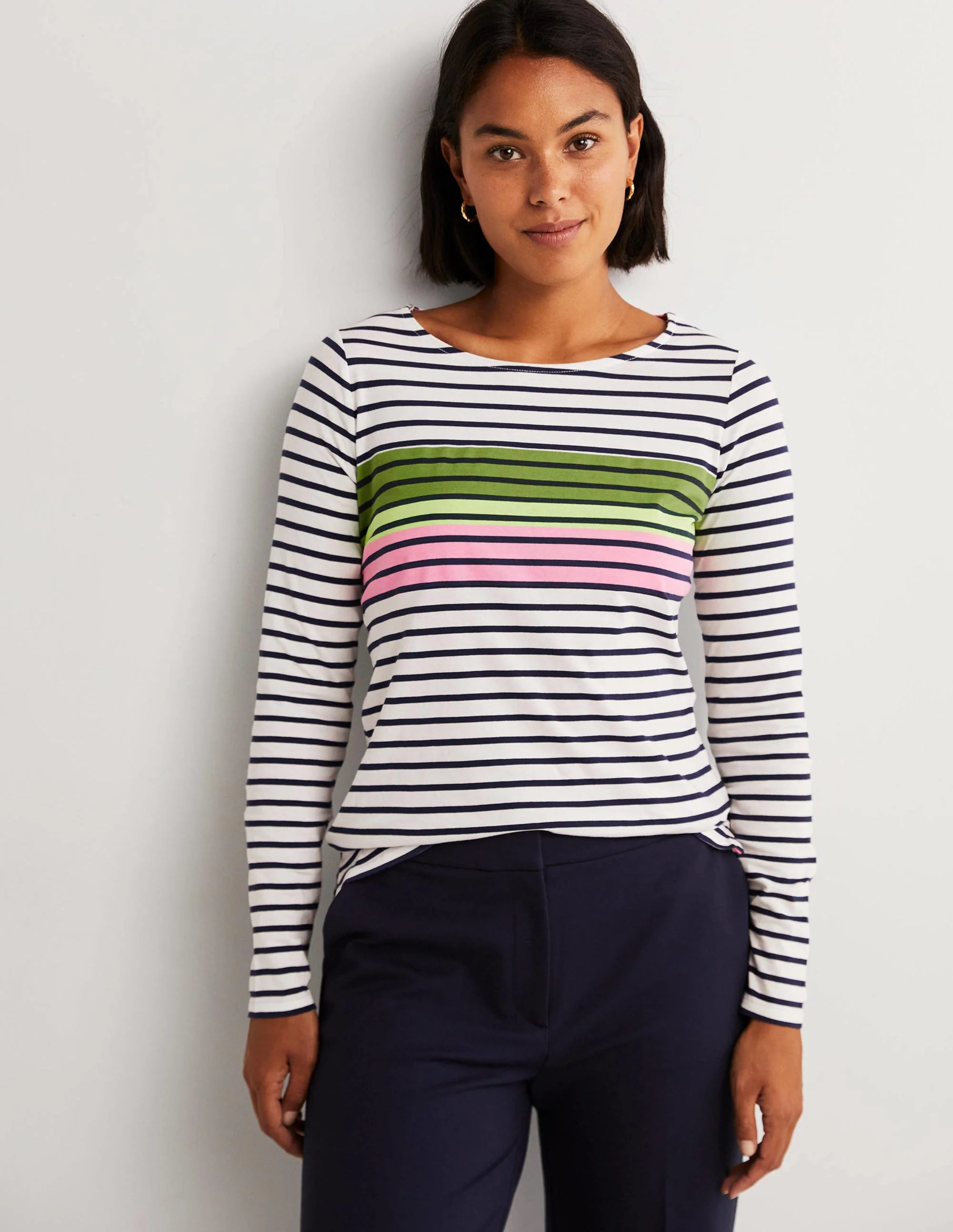 Ella Long Sleeve Breton-Green/Prink Placement Stripe - Image 5