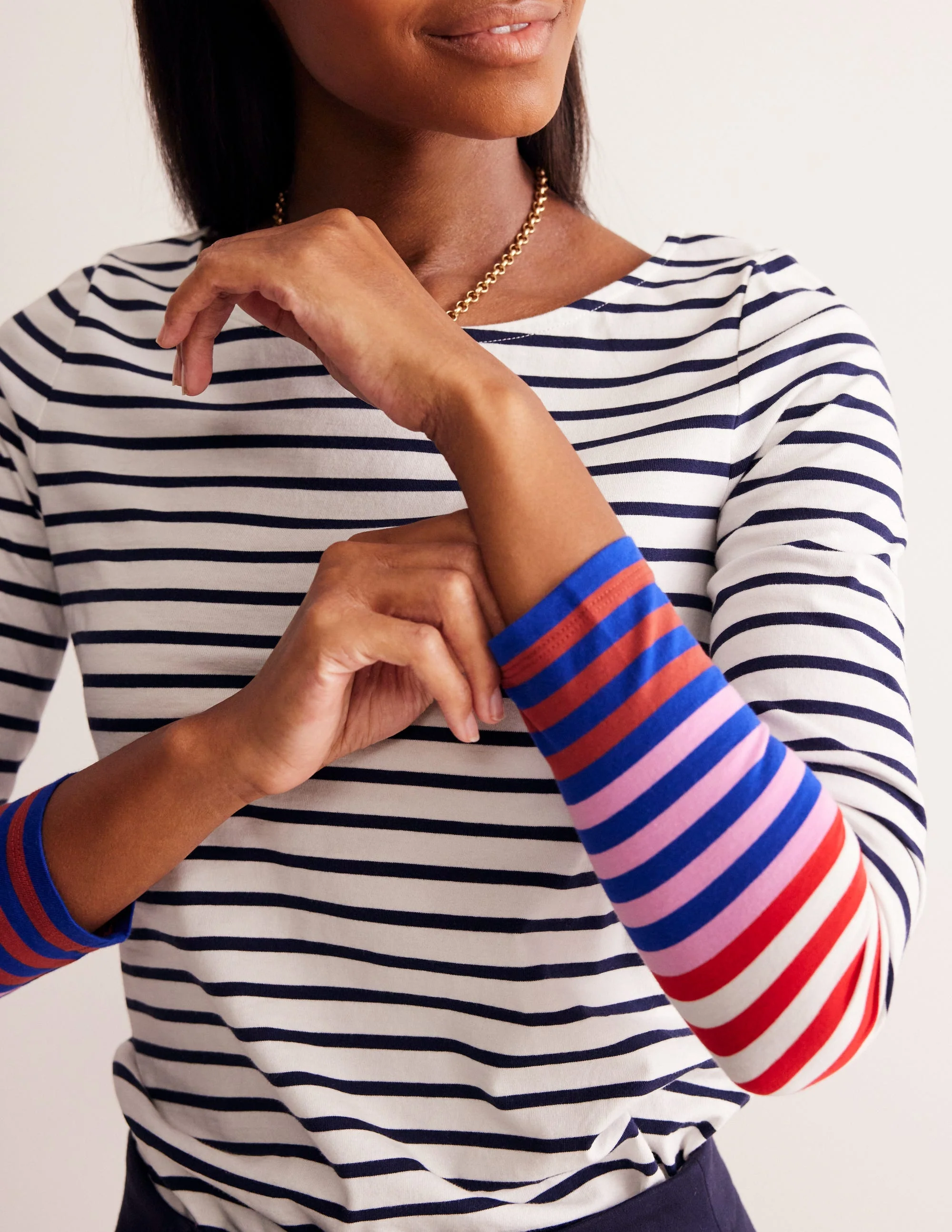 Ella Long Sleeve Breton-Ivory, French Navy Multi Cuff - Image 2