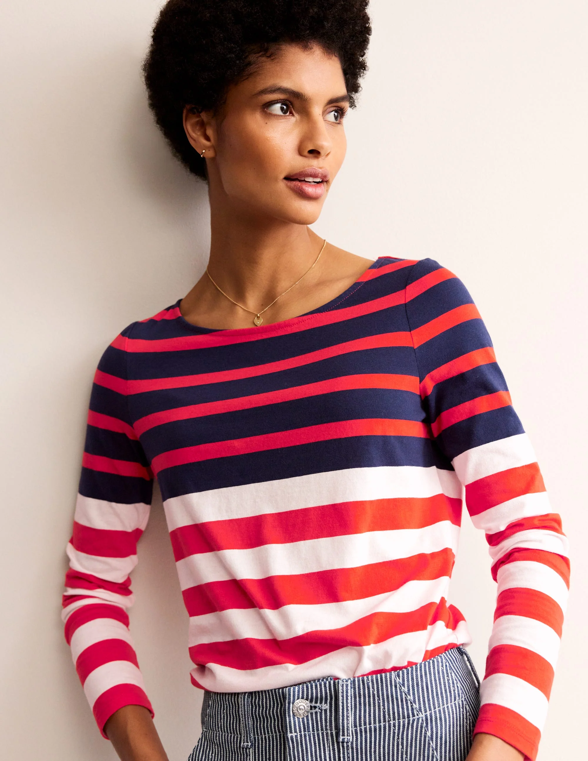 Ella Long Sleeve Breton-Ivory, Navy Red