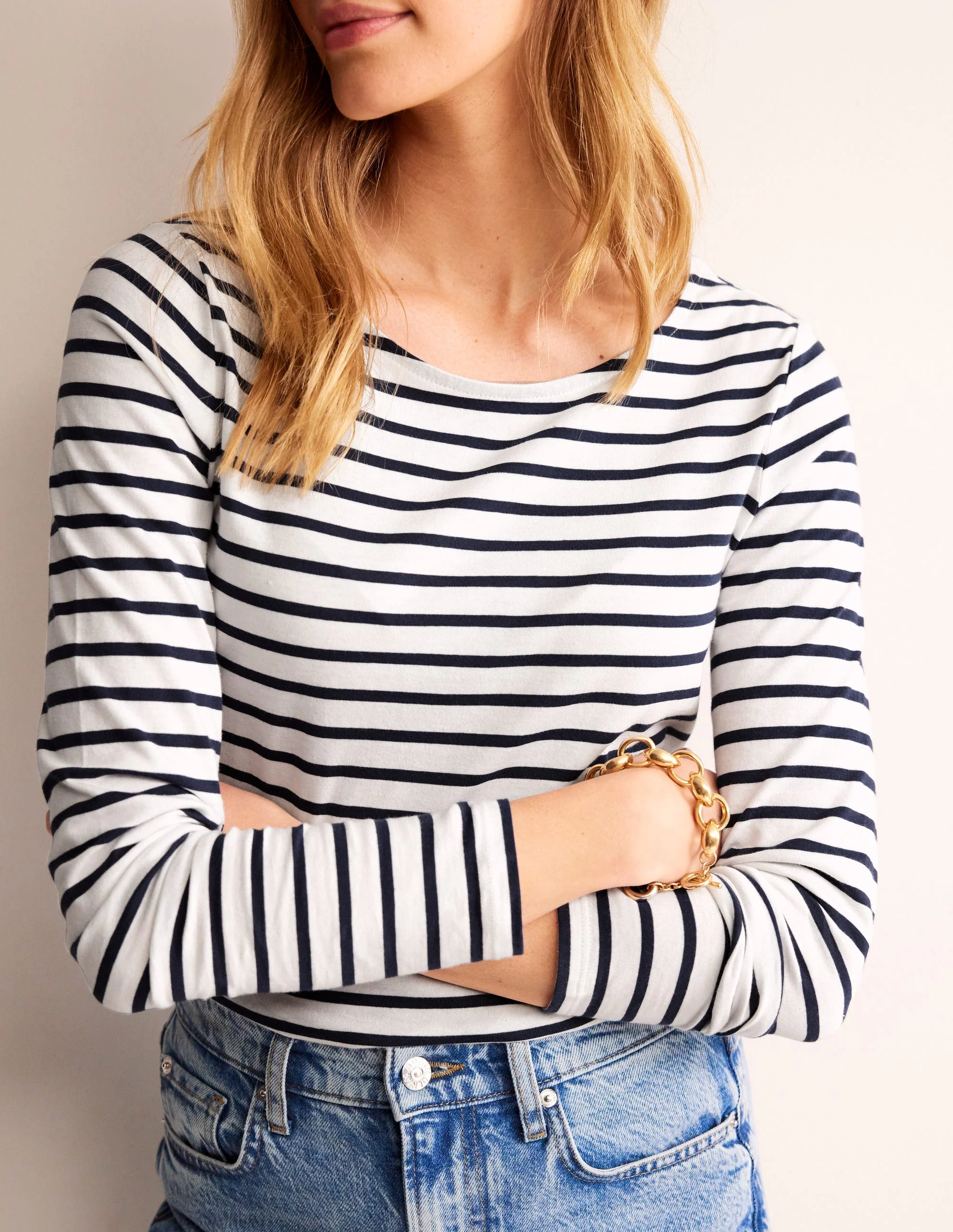 Ella Long Sleeve Breton-Ivory, Navy - Image 2