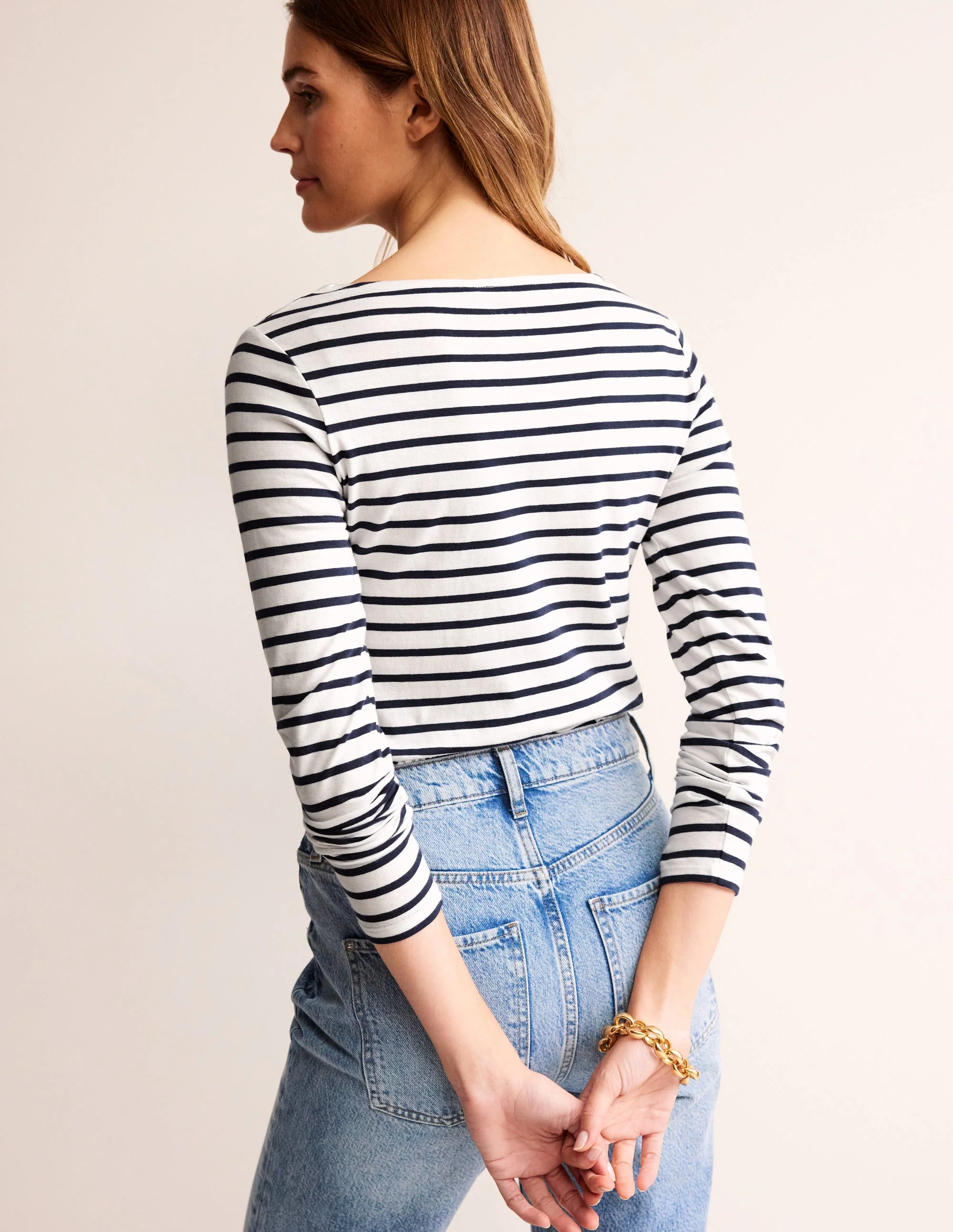 Ella Long Sleeve Breton-Ivory, Navy - Image 3