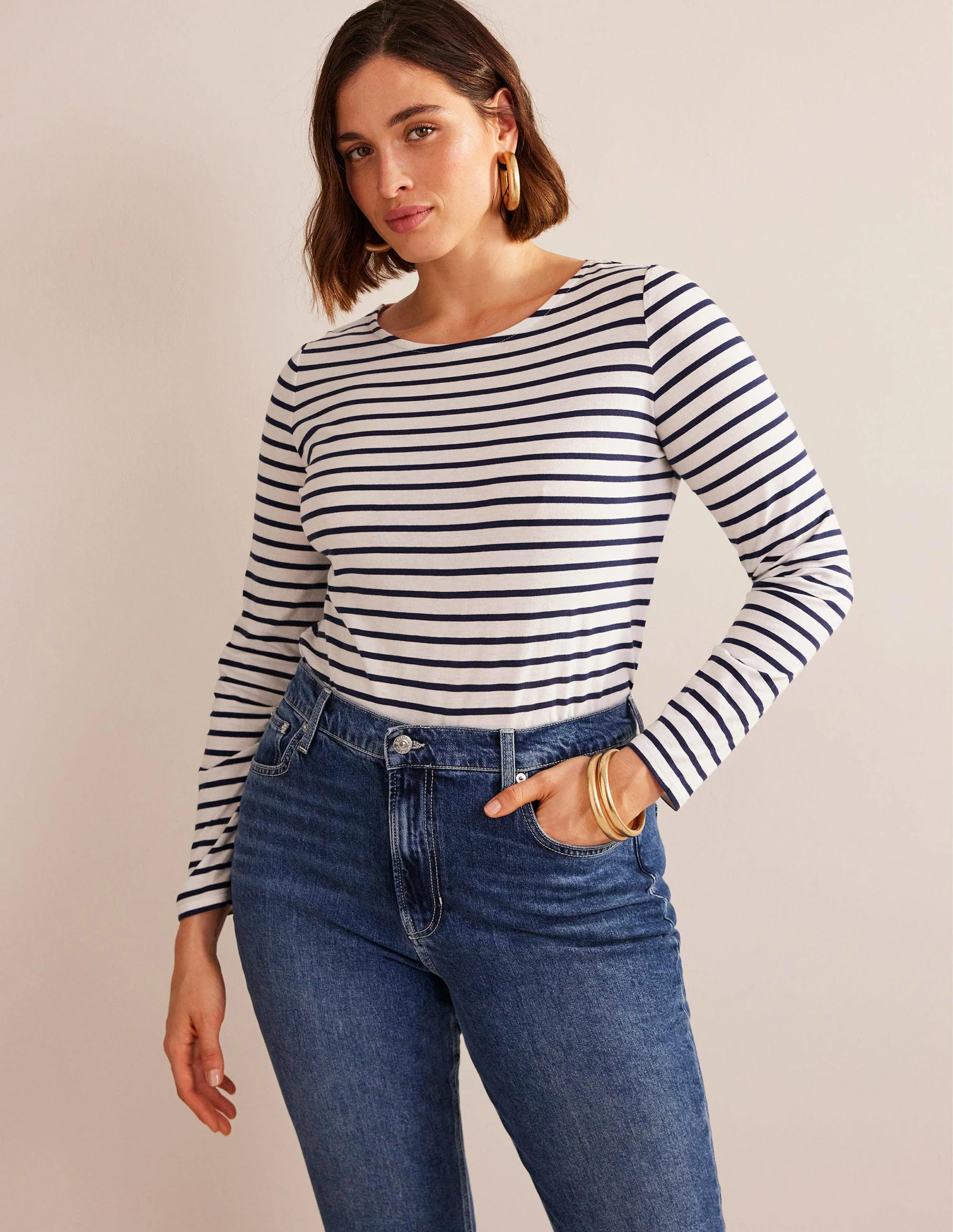 Ella Long Sleeve Breton-Ivory, Navy - Image 5