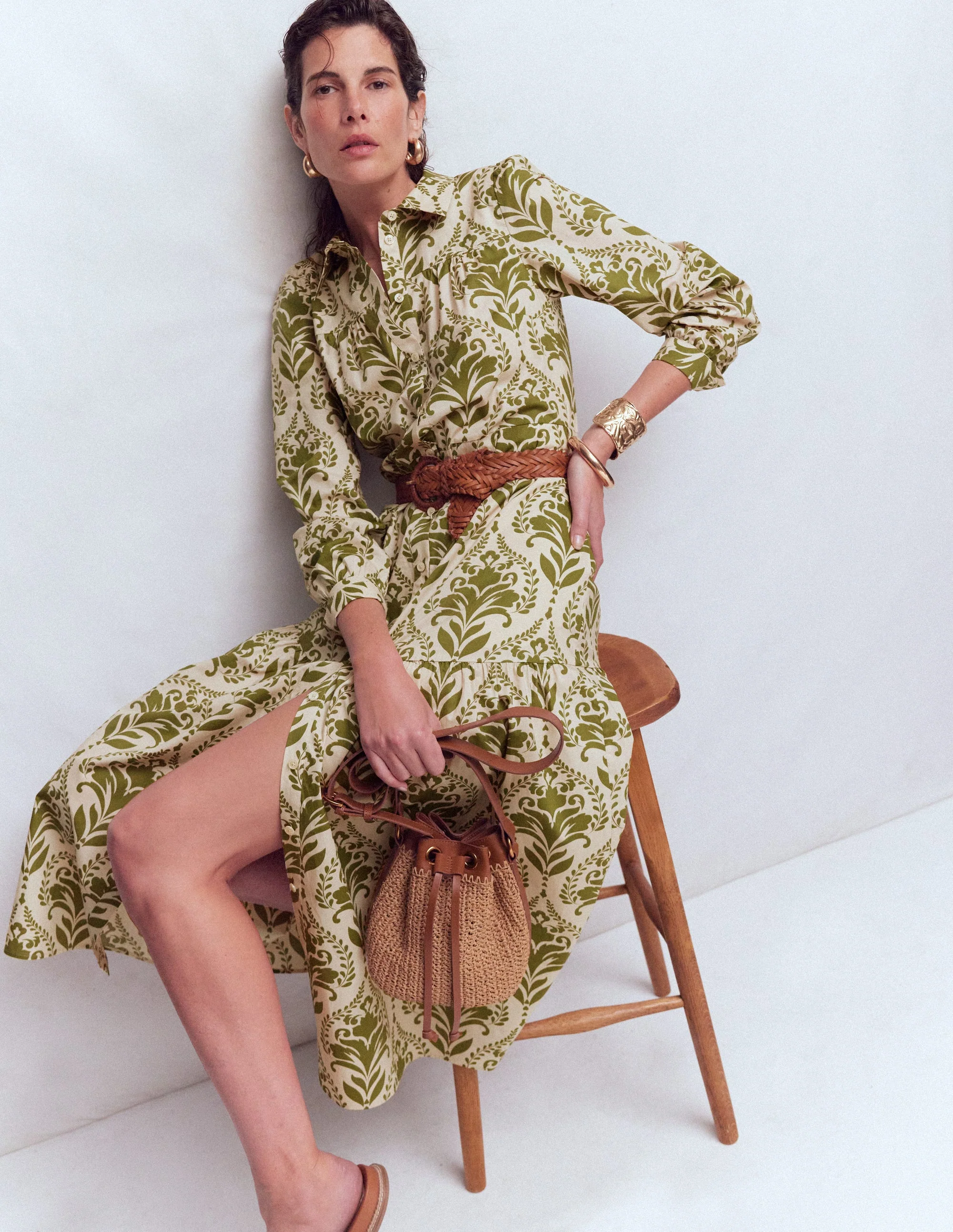 Ellie Cotton Maxi Shirt Dress-Green Decorative Lattice - Image 5