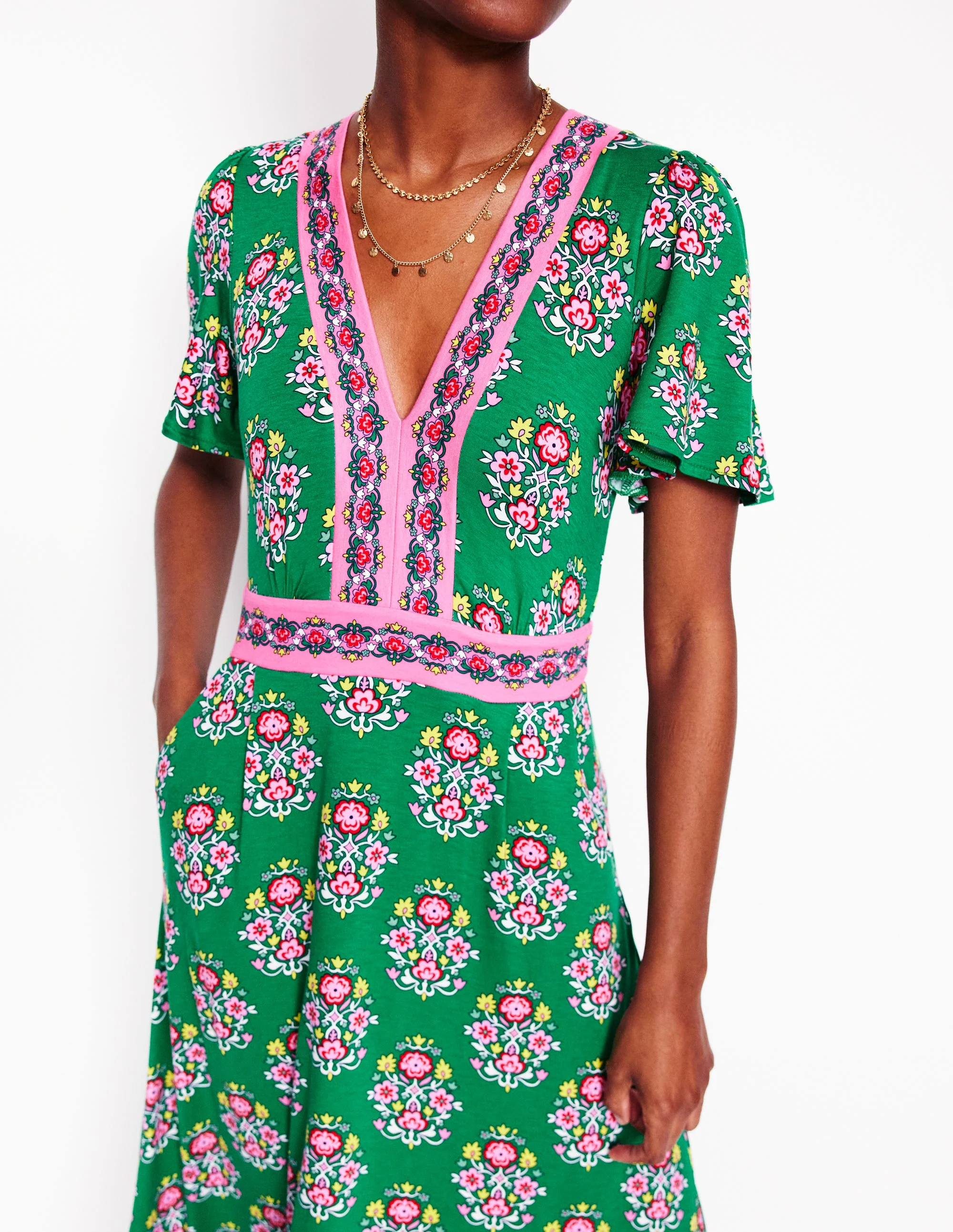 Ellie Flutter Maxi Tea Dress-Rich Emerald, Wildflower Stamp - Image 3