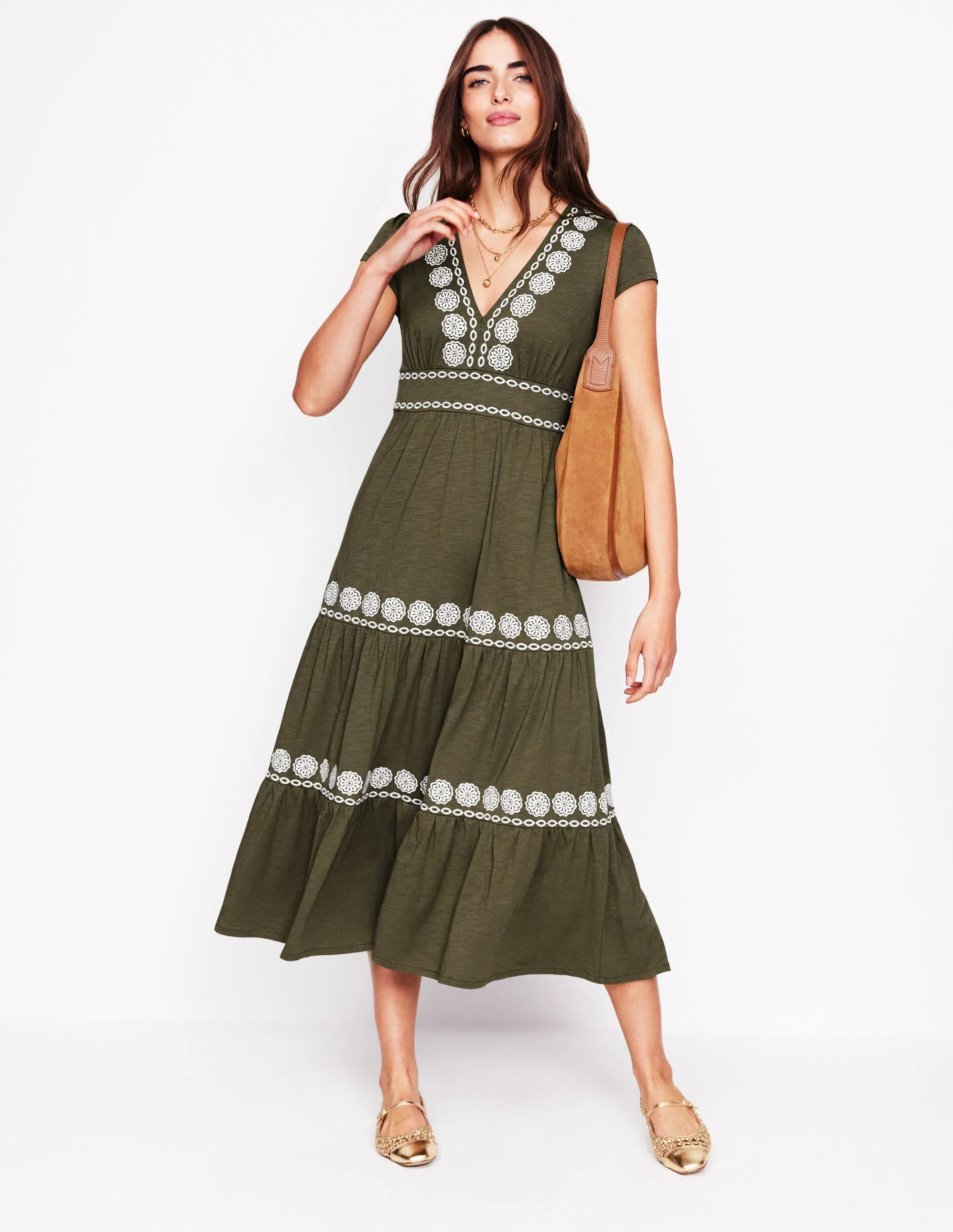 Eloise Embroidered Midi Dress-Classic Khaki - Image 5