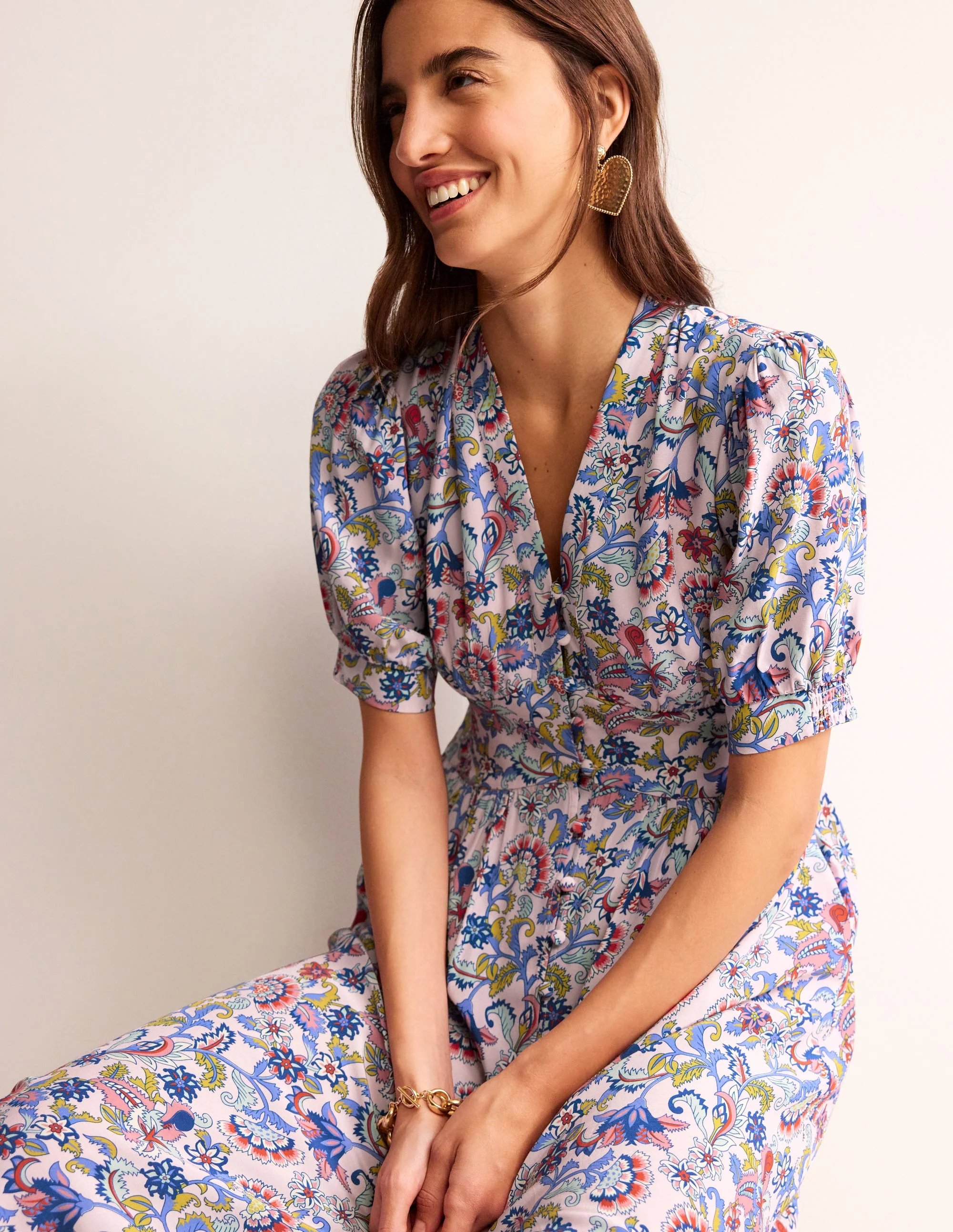 Elsa Midi Tea Dress-Marshmallow, Botanical Bunch