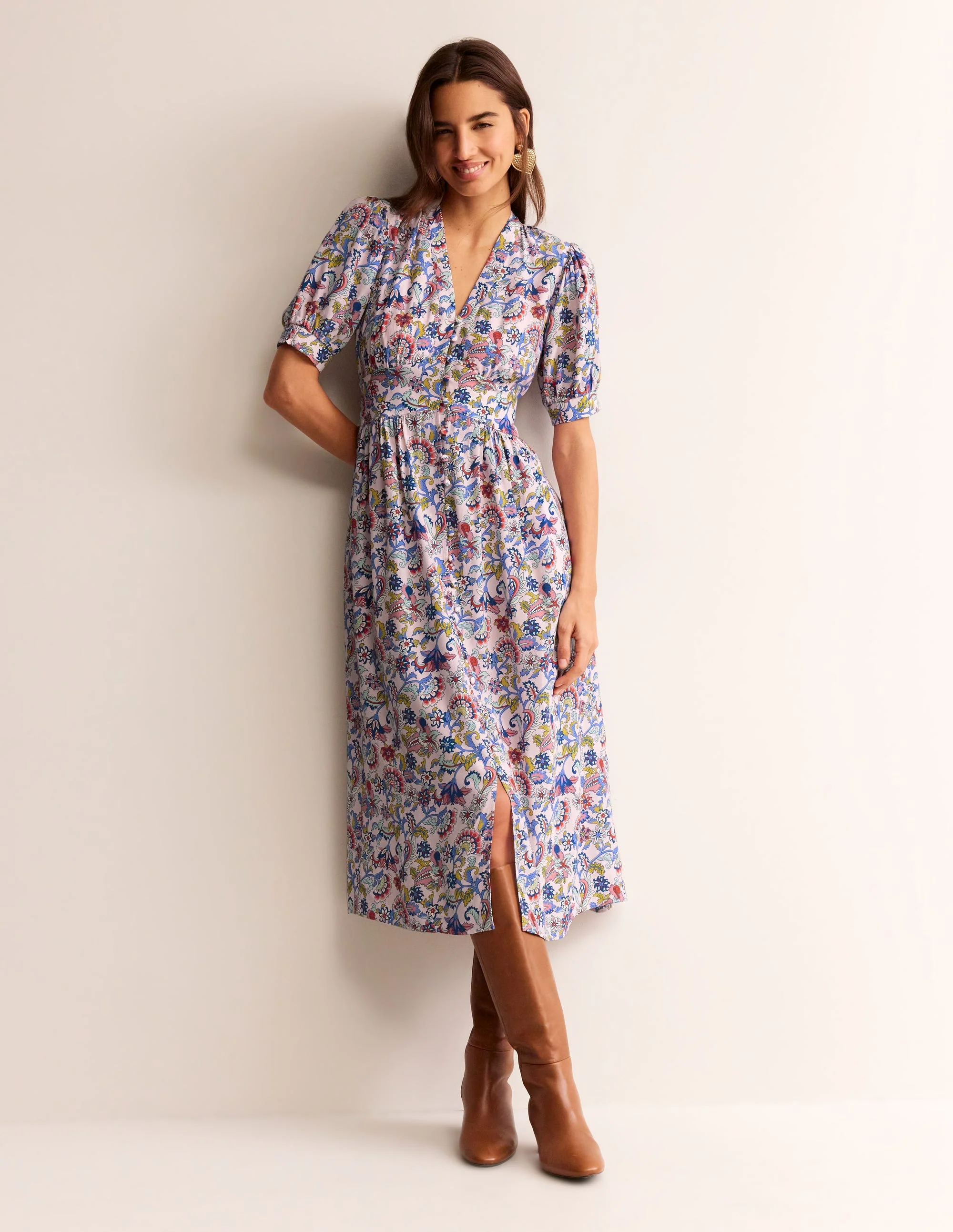 Elsa Midi Tea Dress-Marshmallow, Botanical Bunch - Image 2