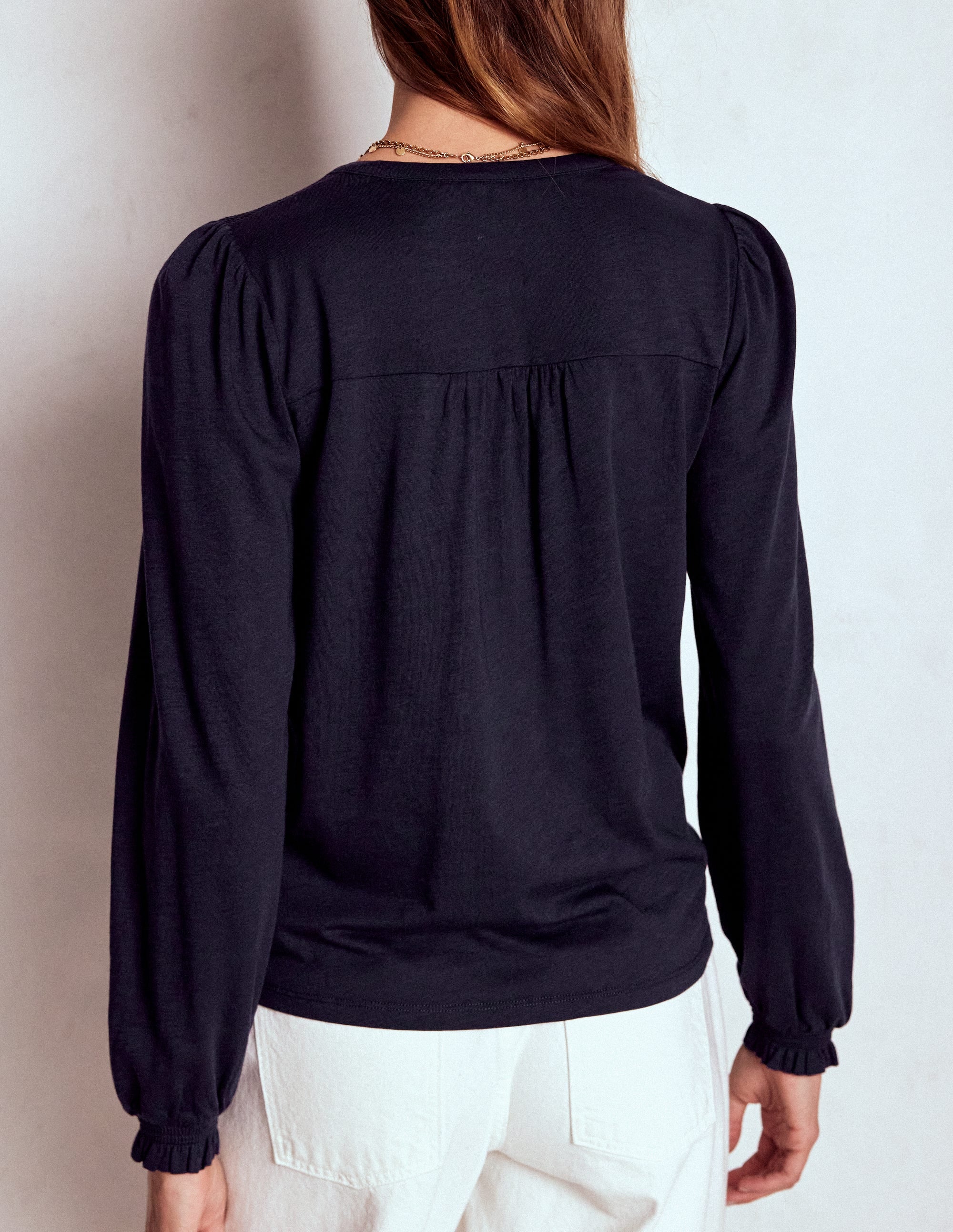 Elsa Smocked Yoke Jersey Shirt-Navy - Image 3