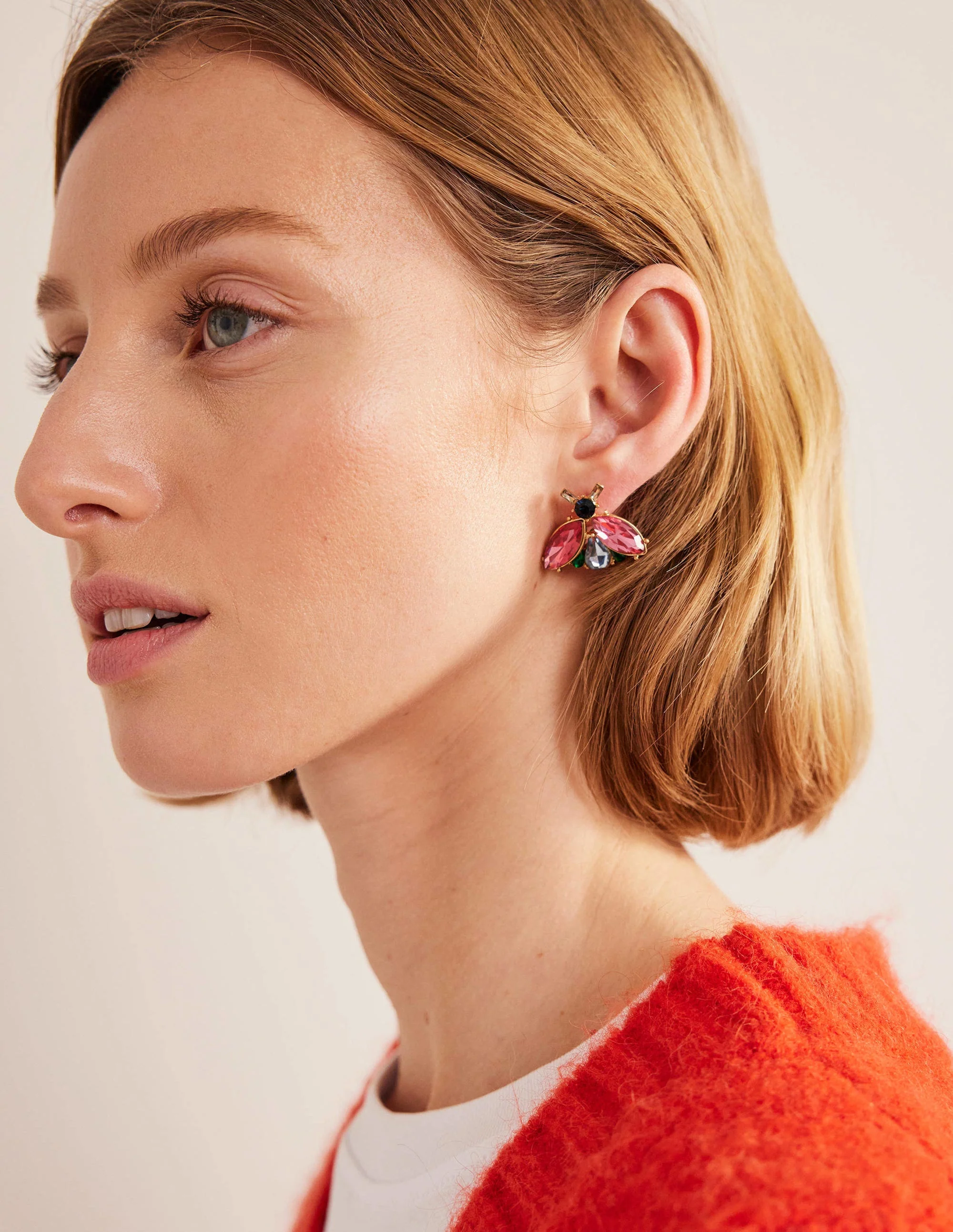 Embellished Bee Stud Earrings-Pink & Green
