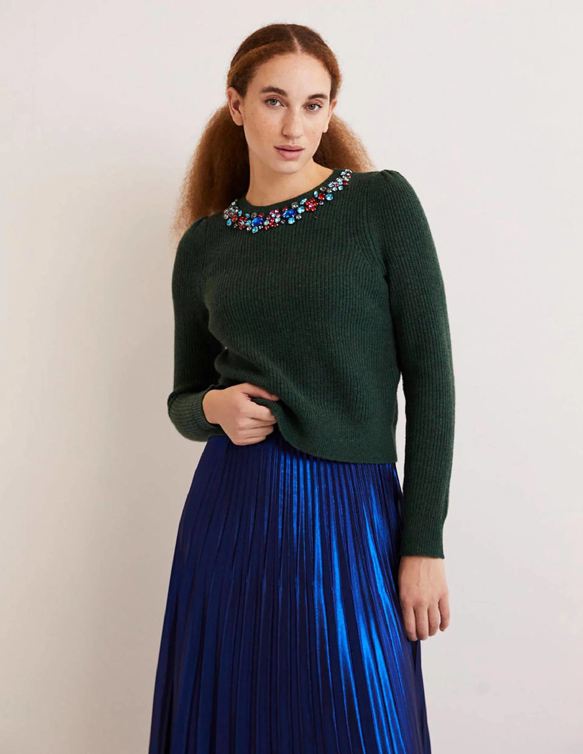 Embellished Stitch Sweater-Dark Green, Embellished Collar