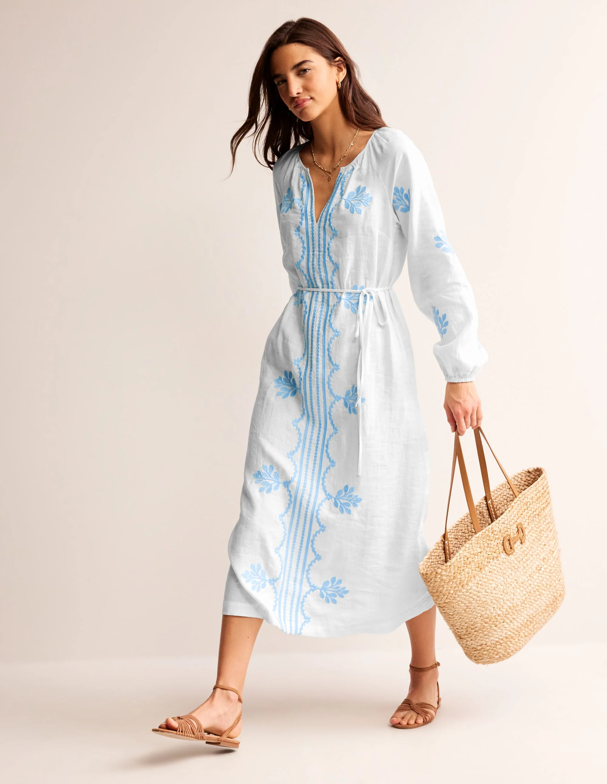 Embroidered Belted Linen Dress-White