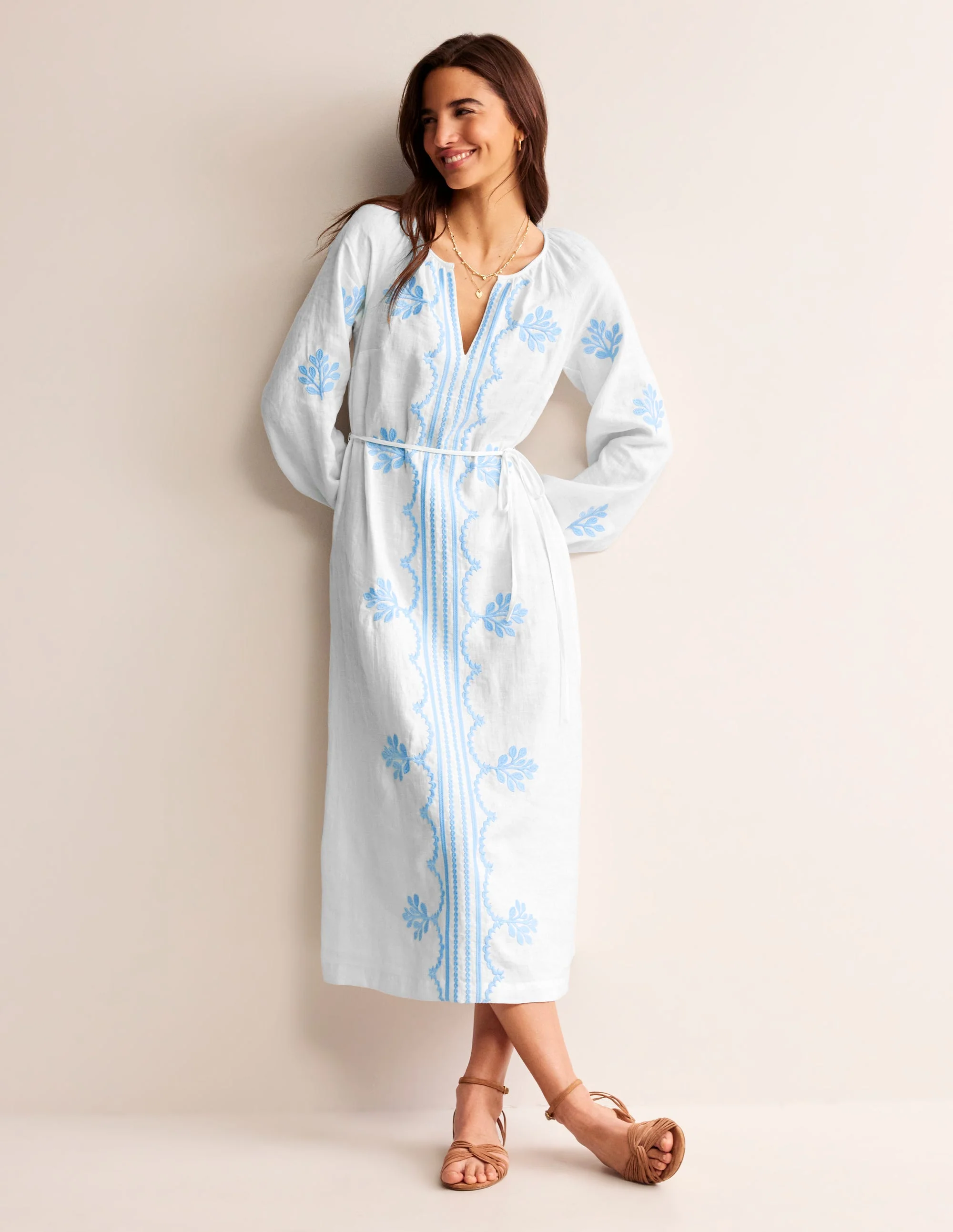 Embroidered Belted Linen Dress-White - Image 4
