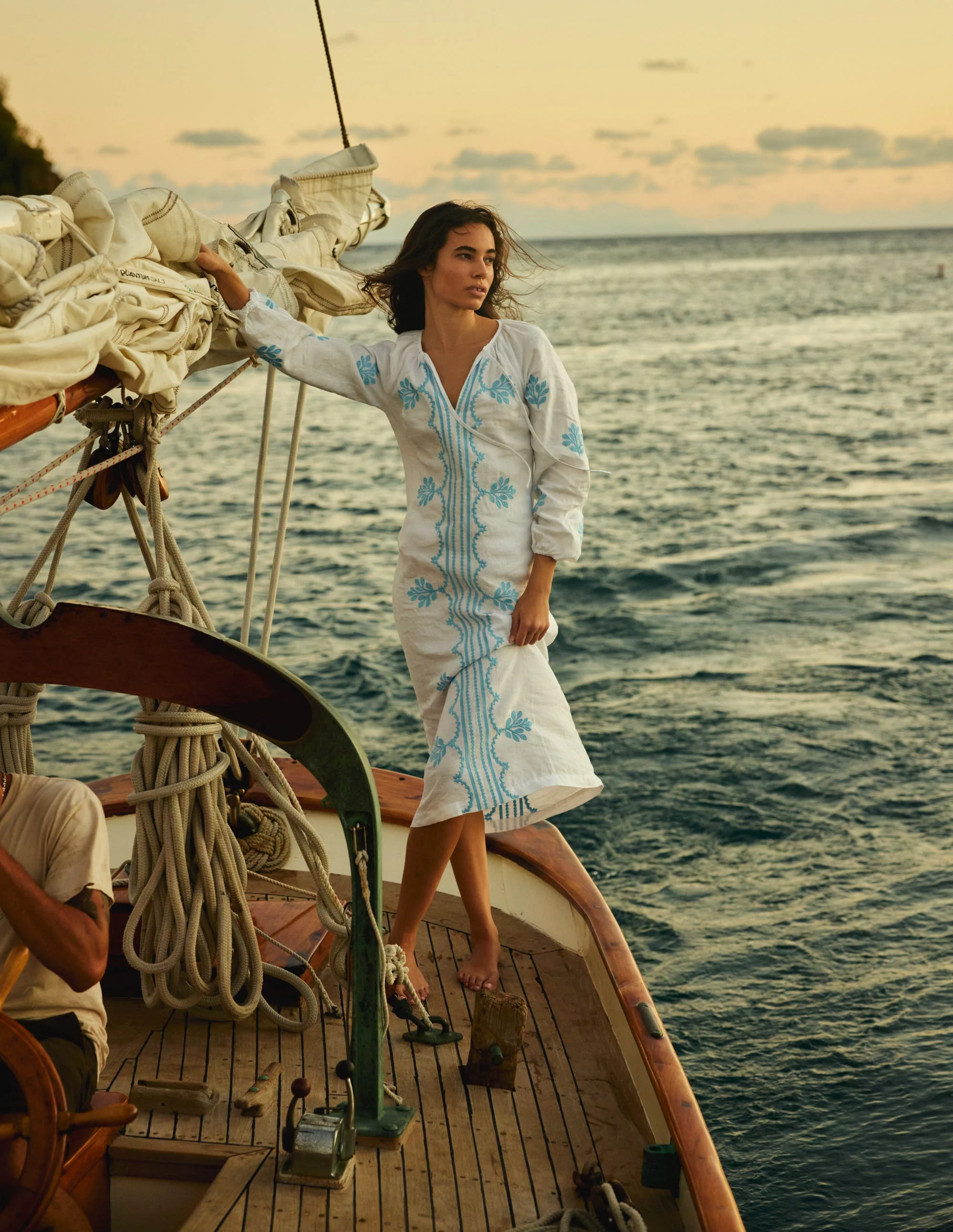 Embroidered Belted Linen Dress-White - Image 5