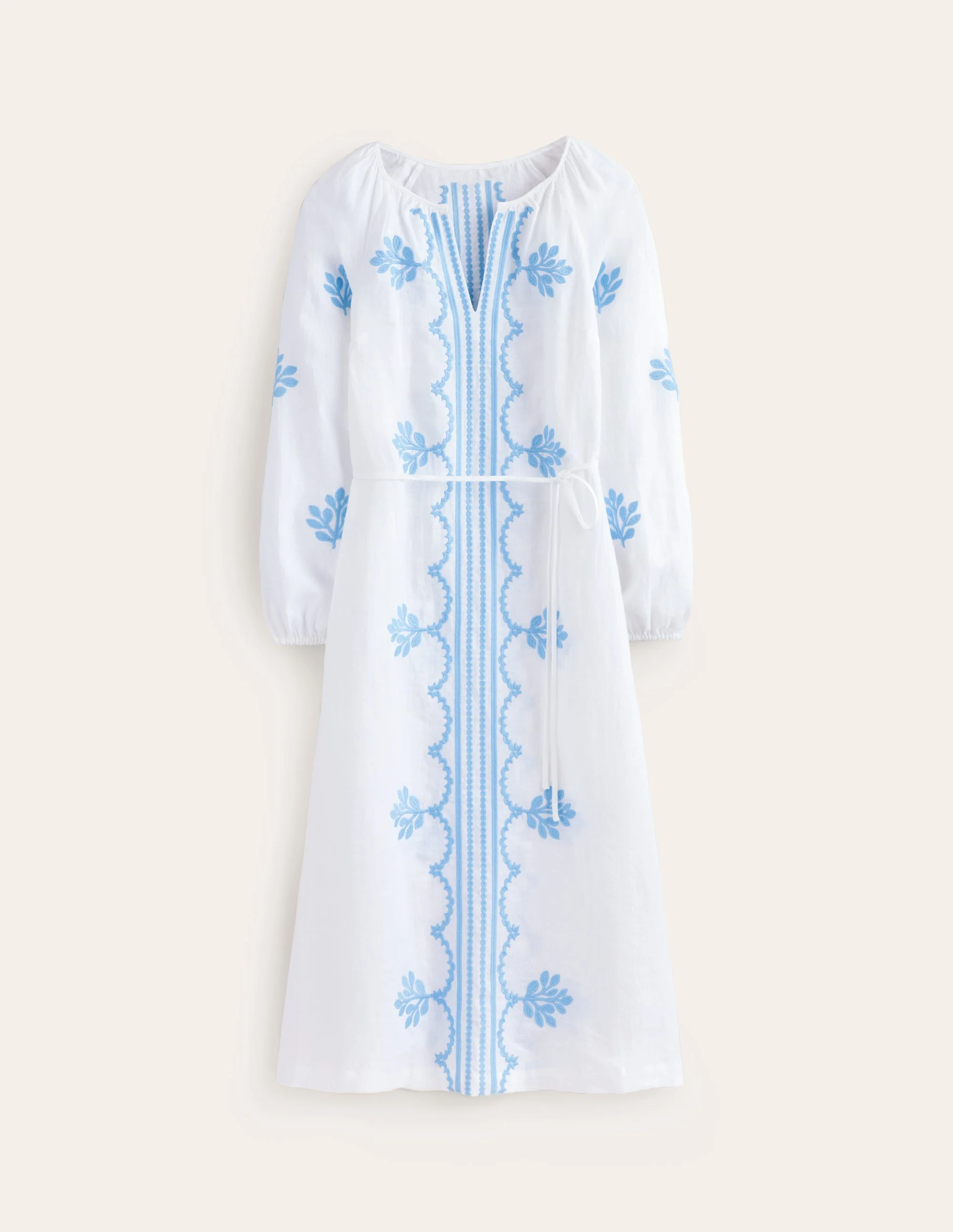 Embroidered Belted Linen Dress-White - Image 6