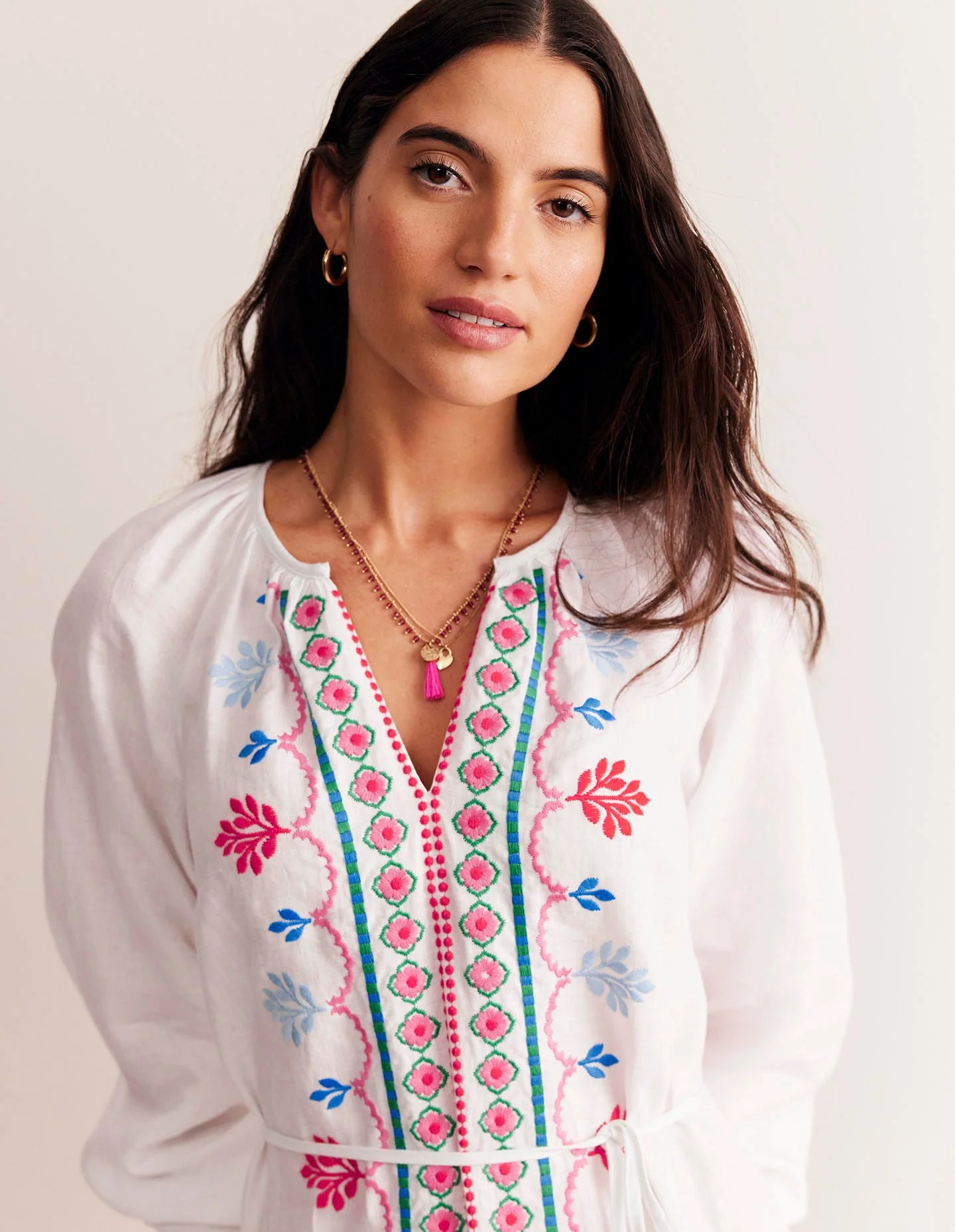 Embroidered Belted Linen Dress-White, Multi - Image 2