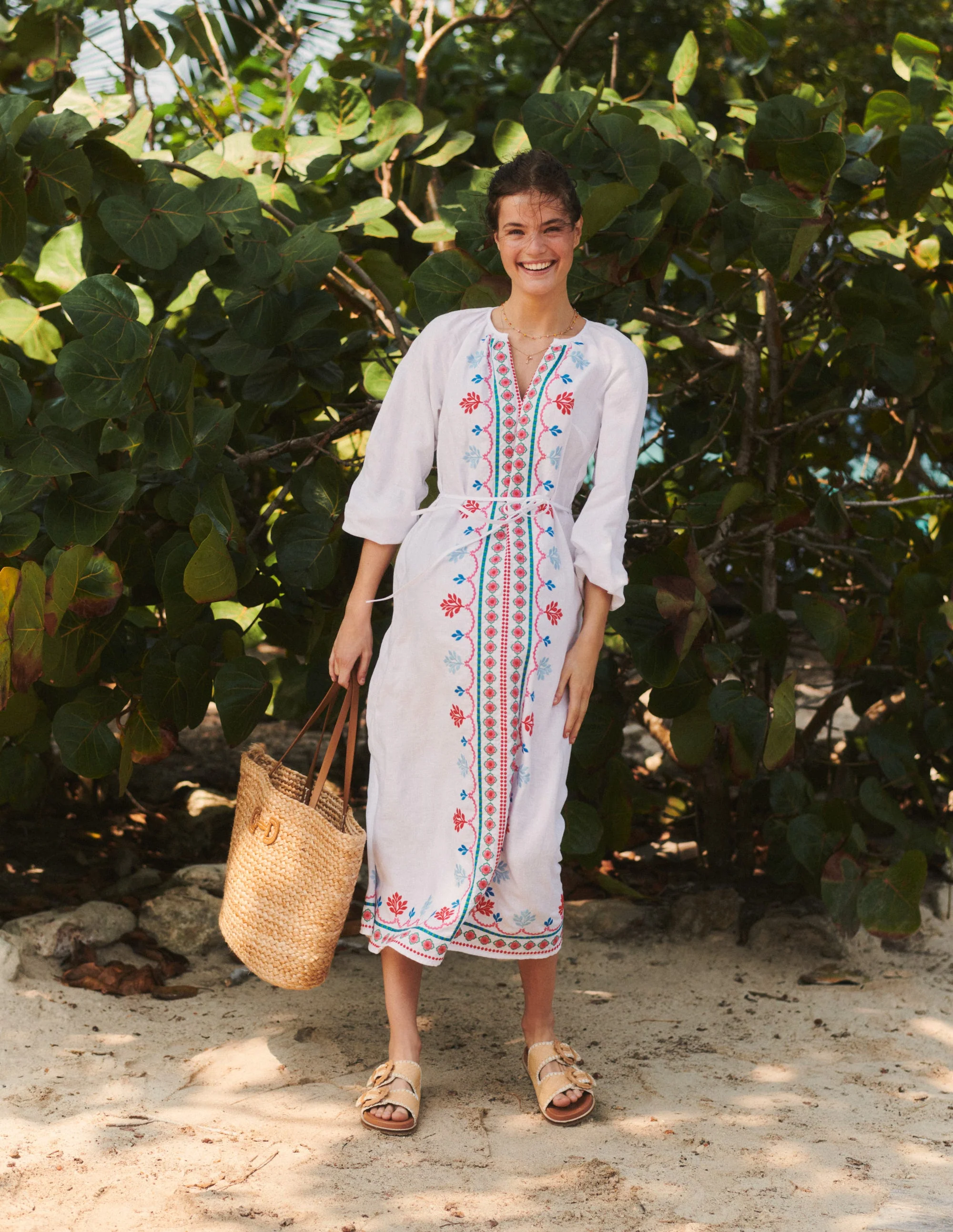 Embroidered Belted Linen Dress-White, Multi - Image 5