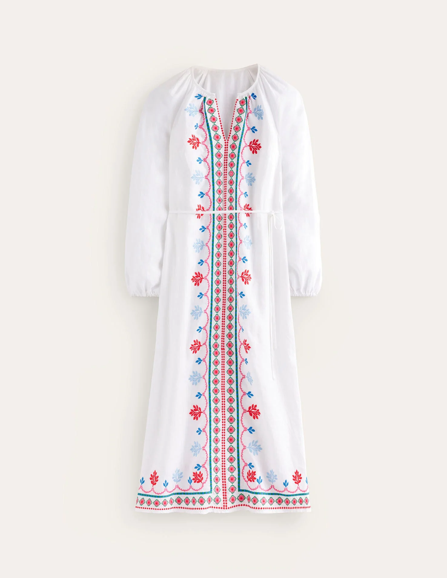 Embroidered Belted Linen Dress-White, Multi - Image 6
