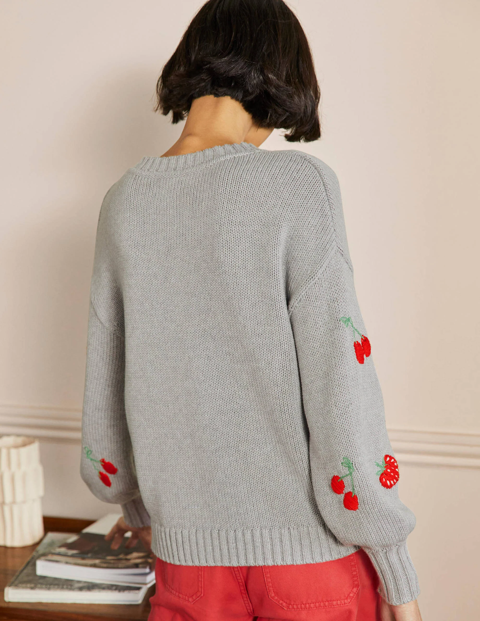 Embroidered Blouson Sweater-Silver Melange, Berries - Image 3