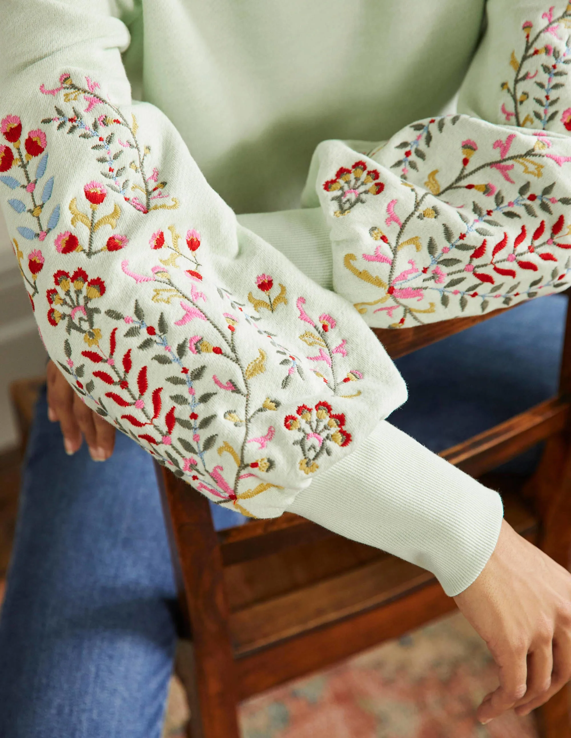 Embroidered Blouson Sweatshirt-Avocado Cream, Embroidery - Image 4