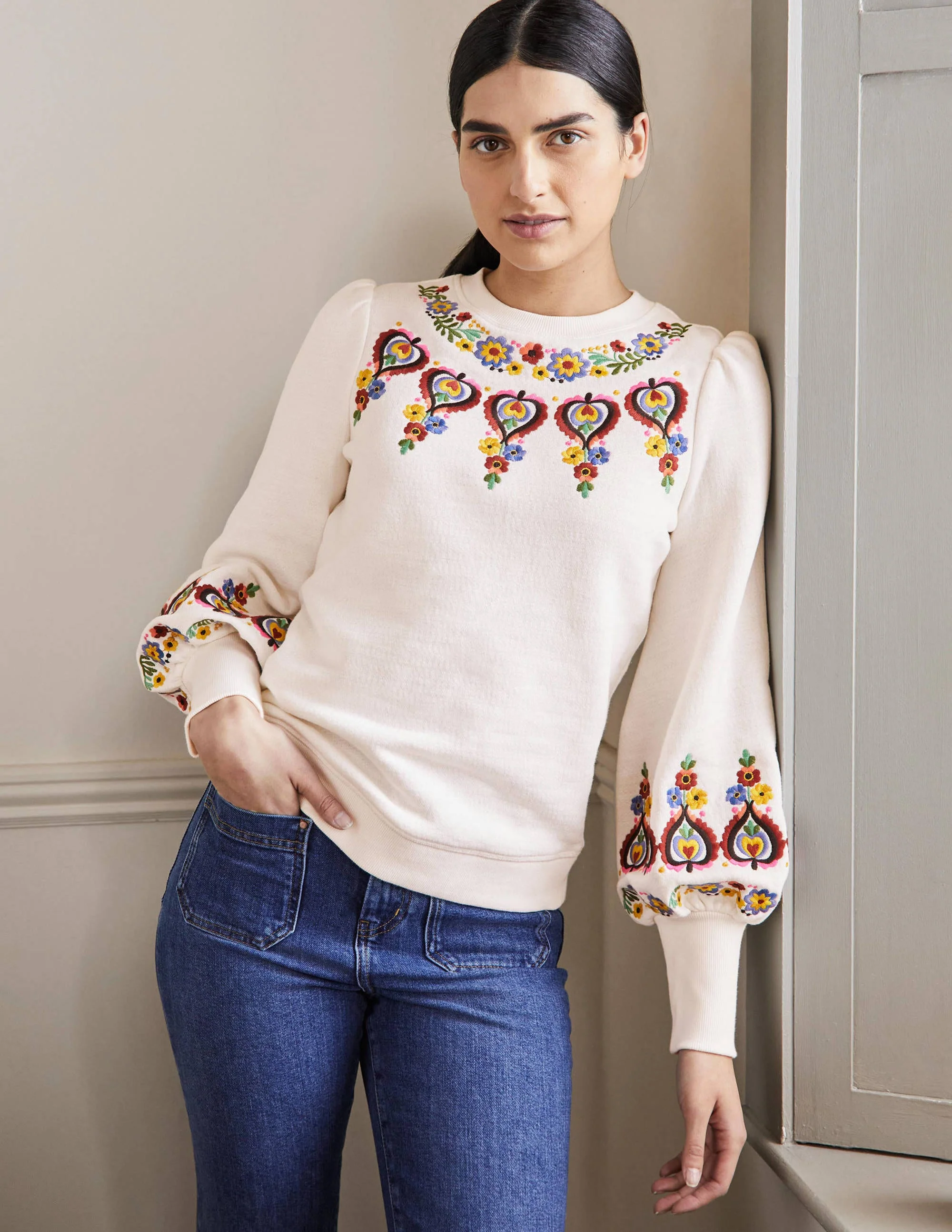 Embroidered Blouson Sweatshirt-Ivory Embroidery